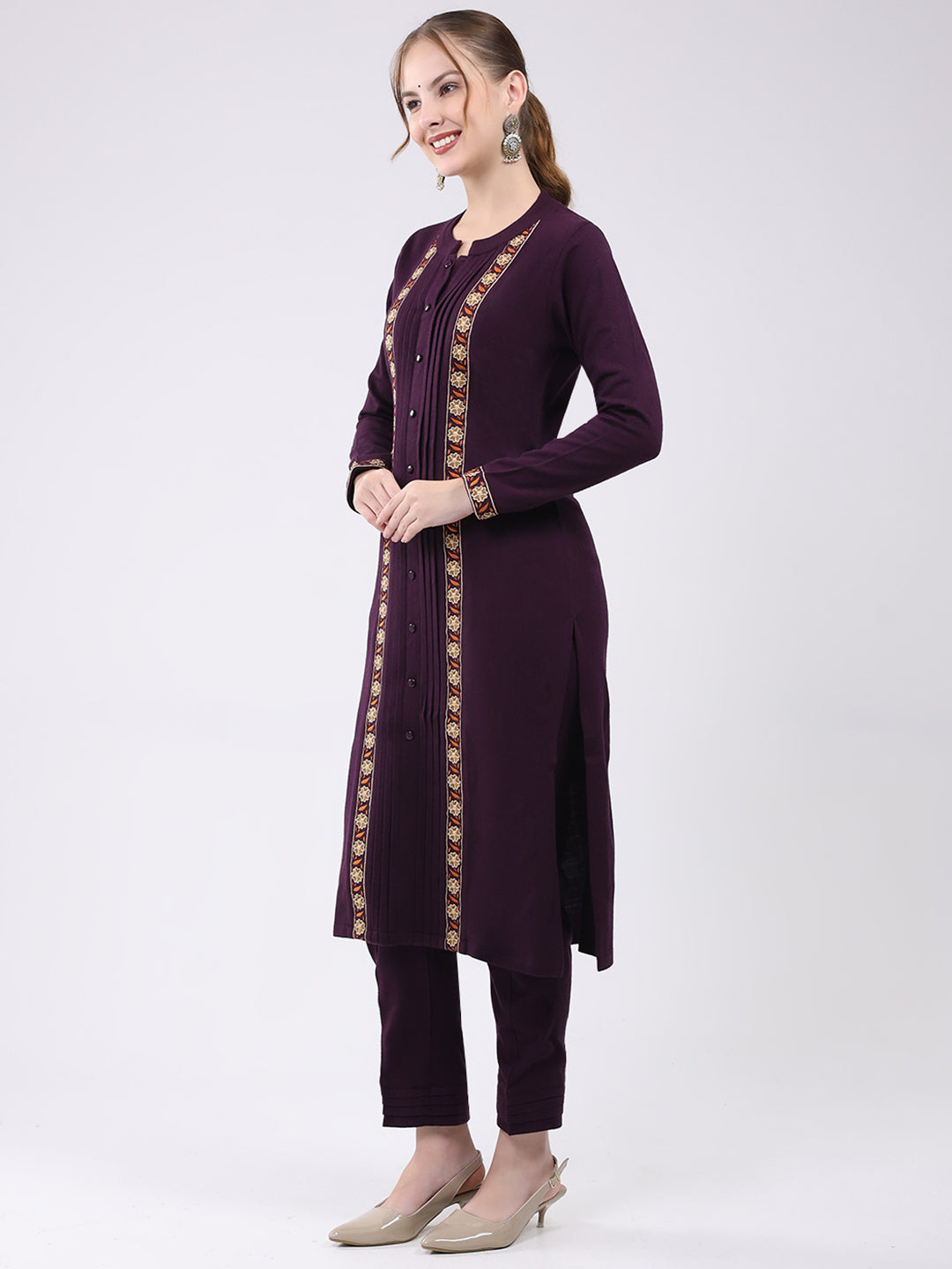Women Purple Self Design Round Neck Full Sleeve Kurti Set for Winter
