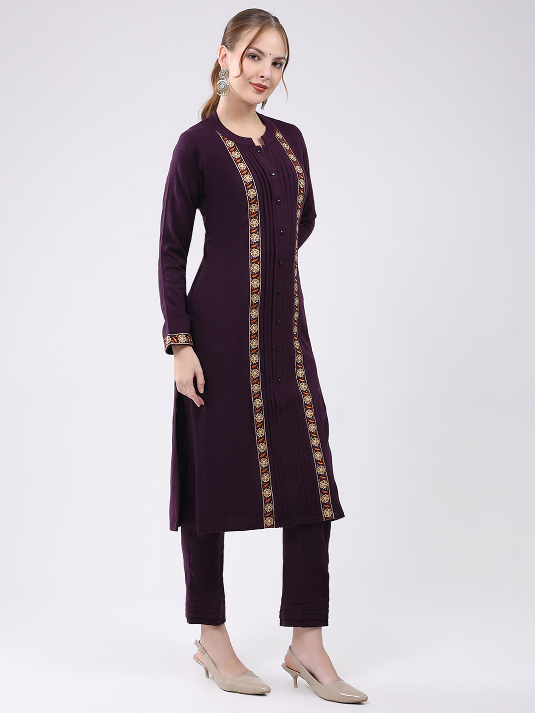 Women Purple Self Design Round Neck Full Sleeve Kurti Set for Winter