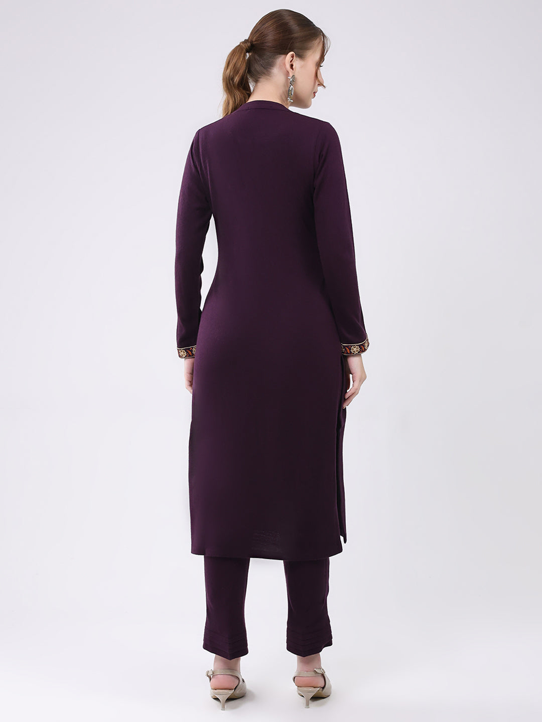 Women Purple Self Design Round Neck Full Sleeve Kurti Set for Winter