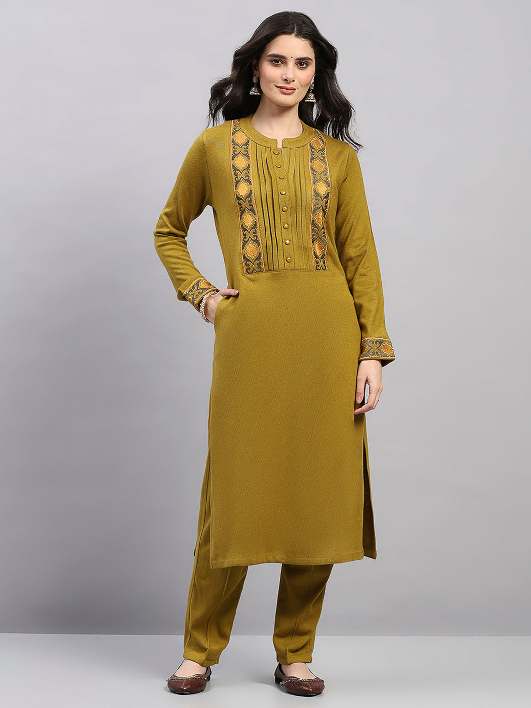 Women Mustard Printed Round Neck Full Sleeve Kurti Set for Winter