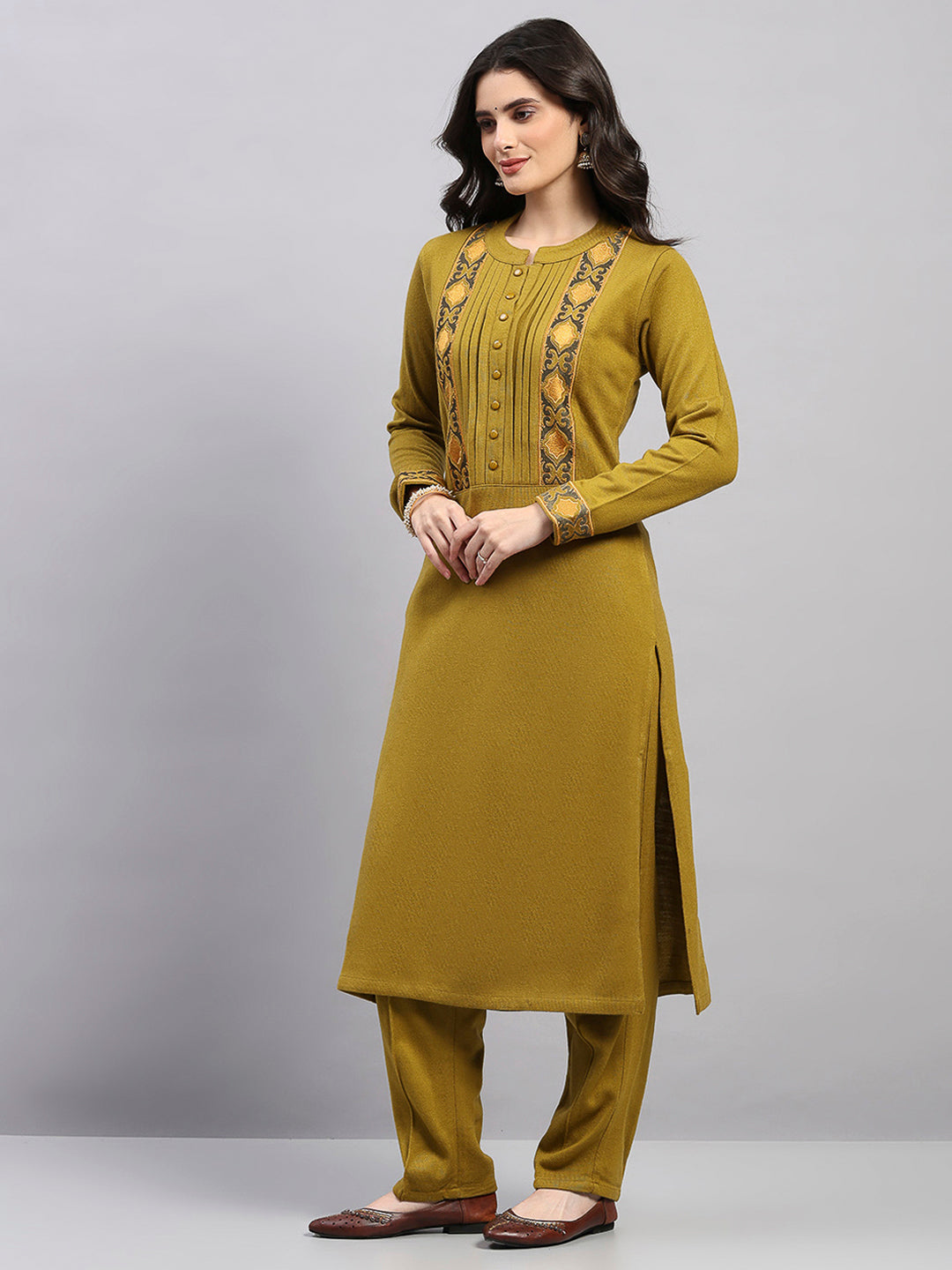 Women Mustard Printed Round Neck Full Sleeve Kurti Set for Winter