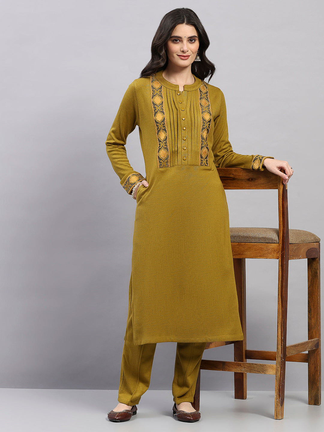 Women Mustard Printed Round Neck Full Sleeve Kurti Set for Winter