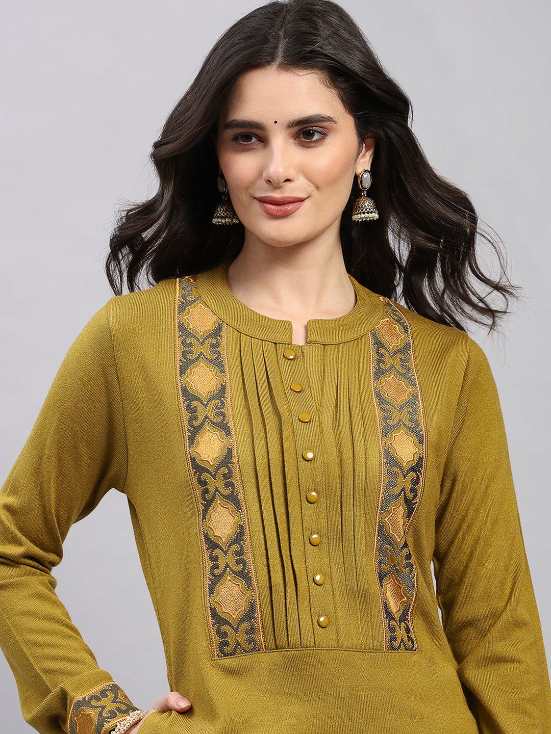 Women Mustard Printed Round Neck Full Sleeve Kurti Set for Winter