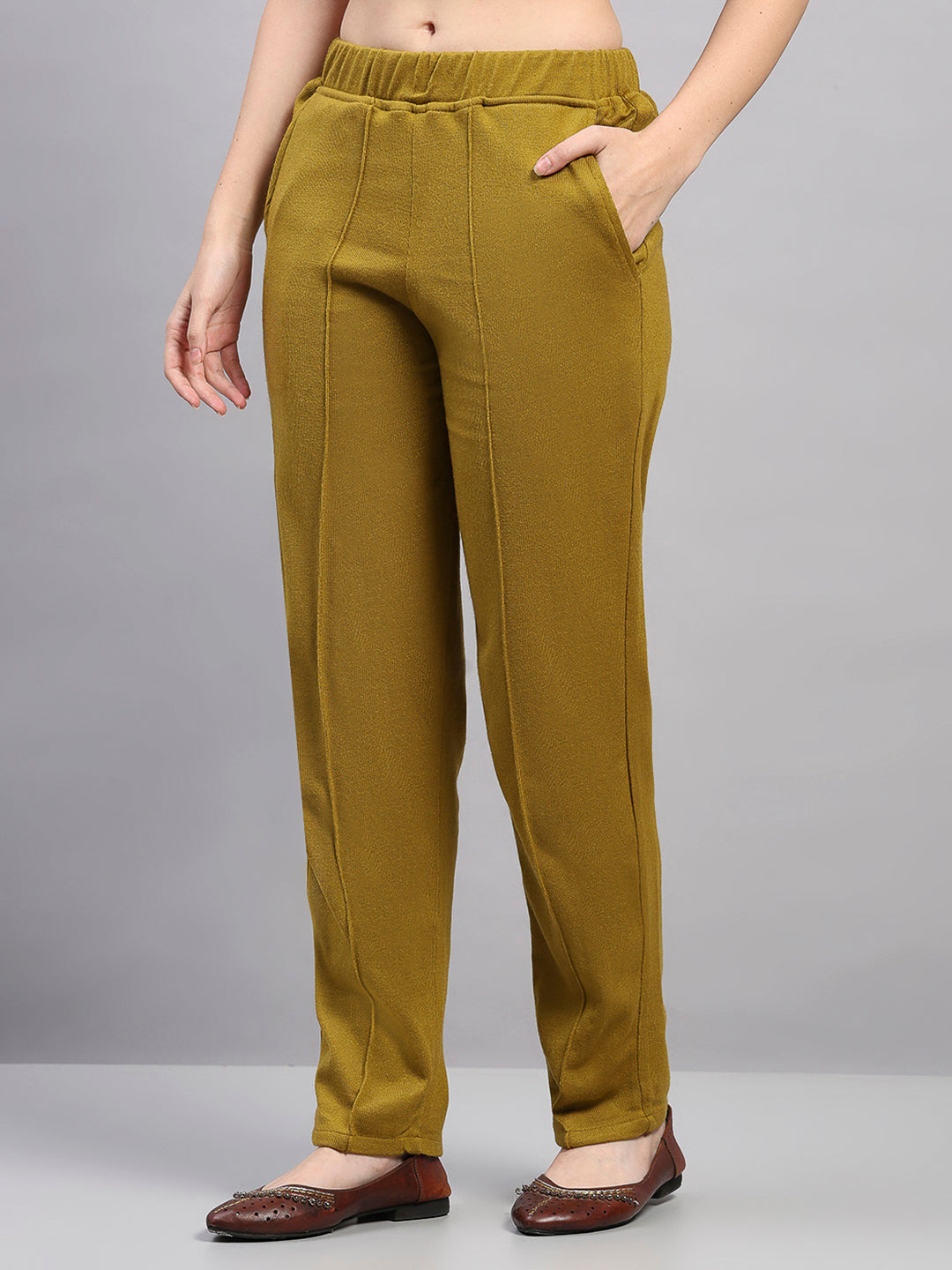 Women Mustard Printed Round Neck Full Sleeve Kurti Set for Winter