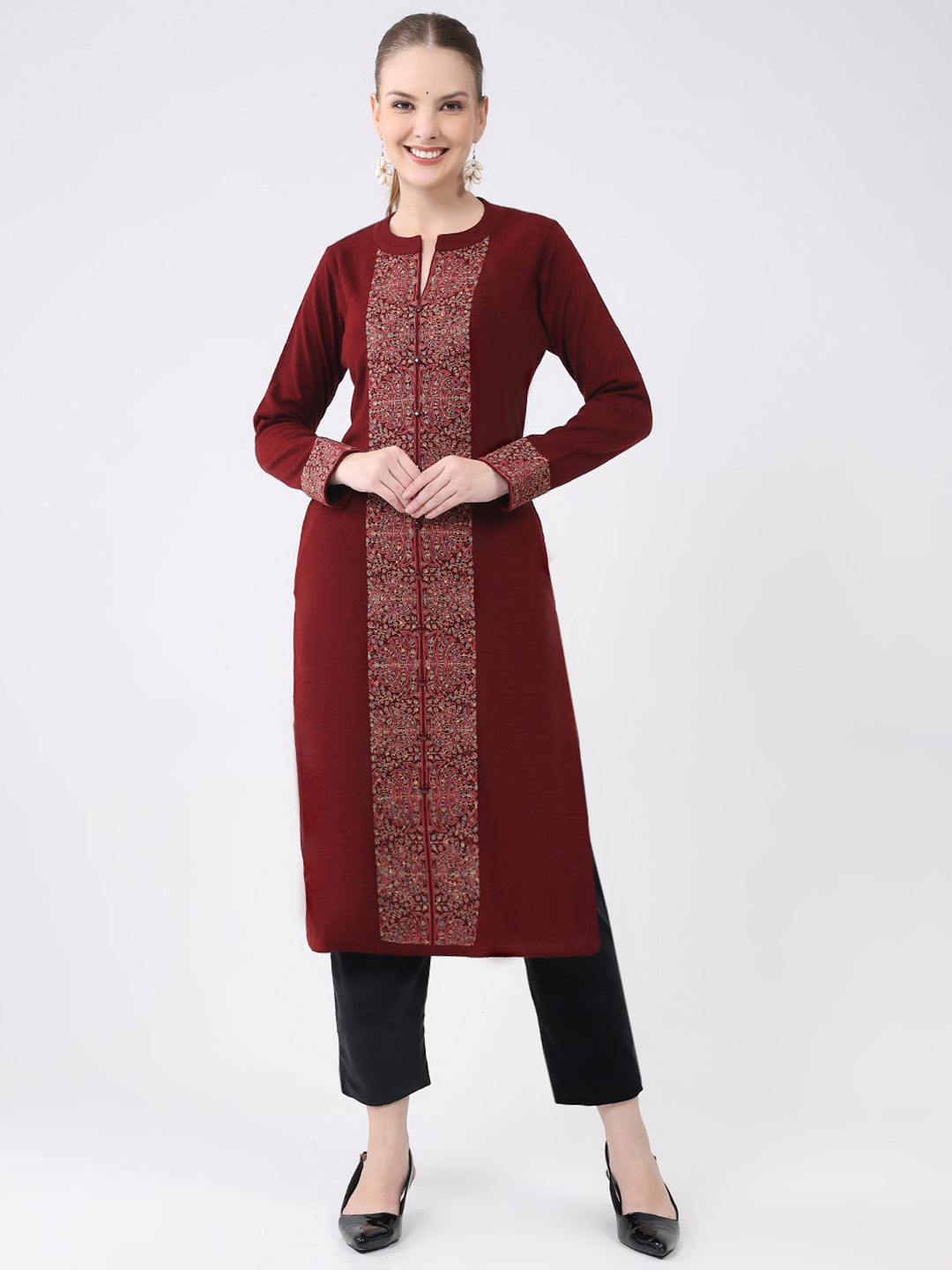 Women Maroon Printed Round Neck Full Sleeve Winter Kurti
