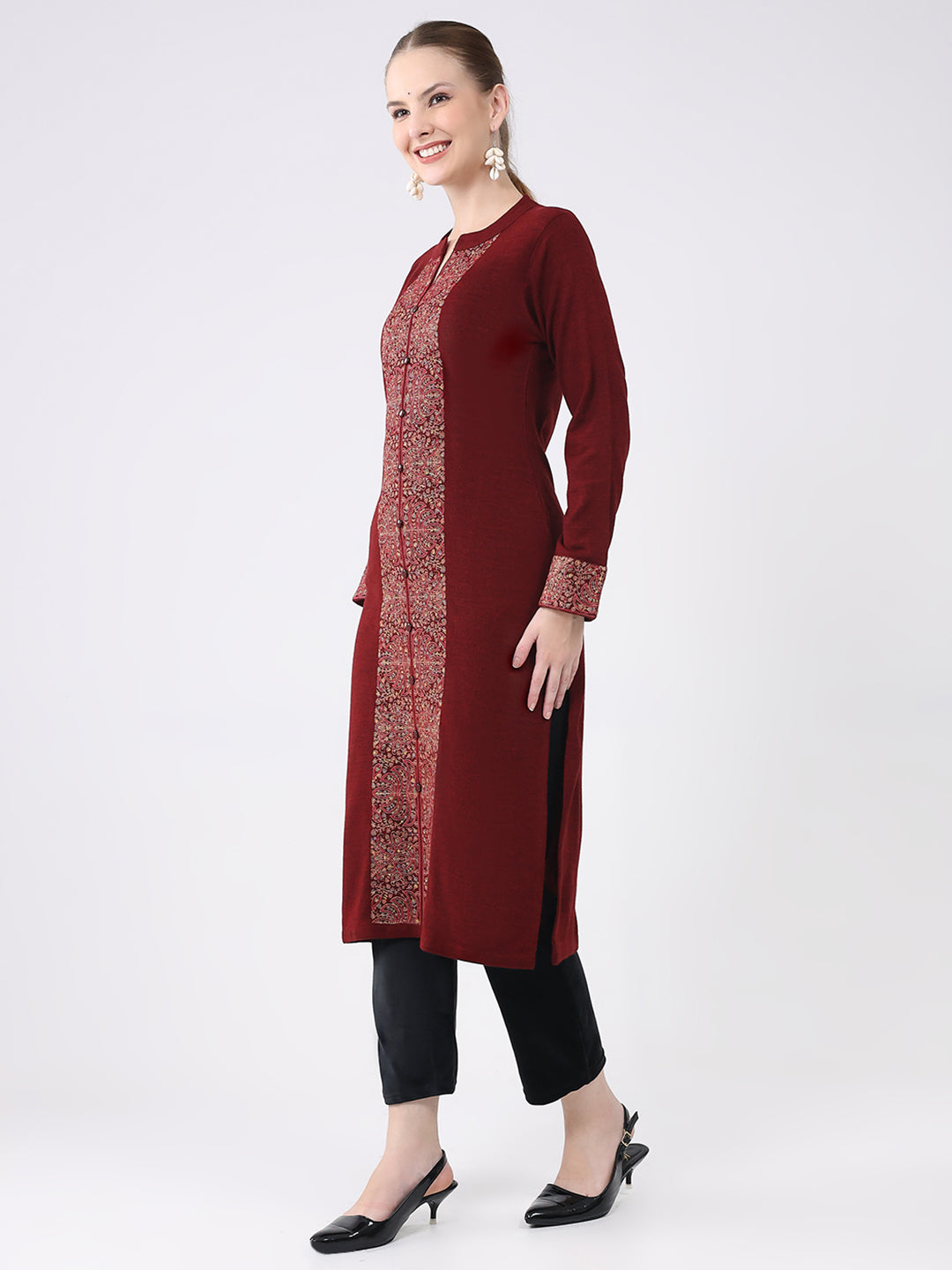 Women Maroon Printed Round Neck Full Sleeve Winter Kurti