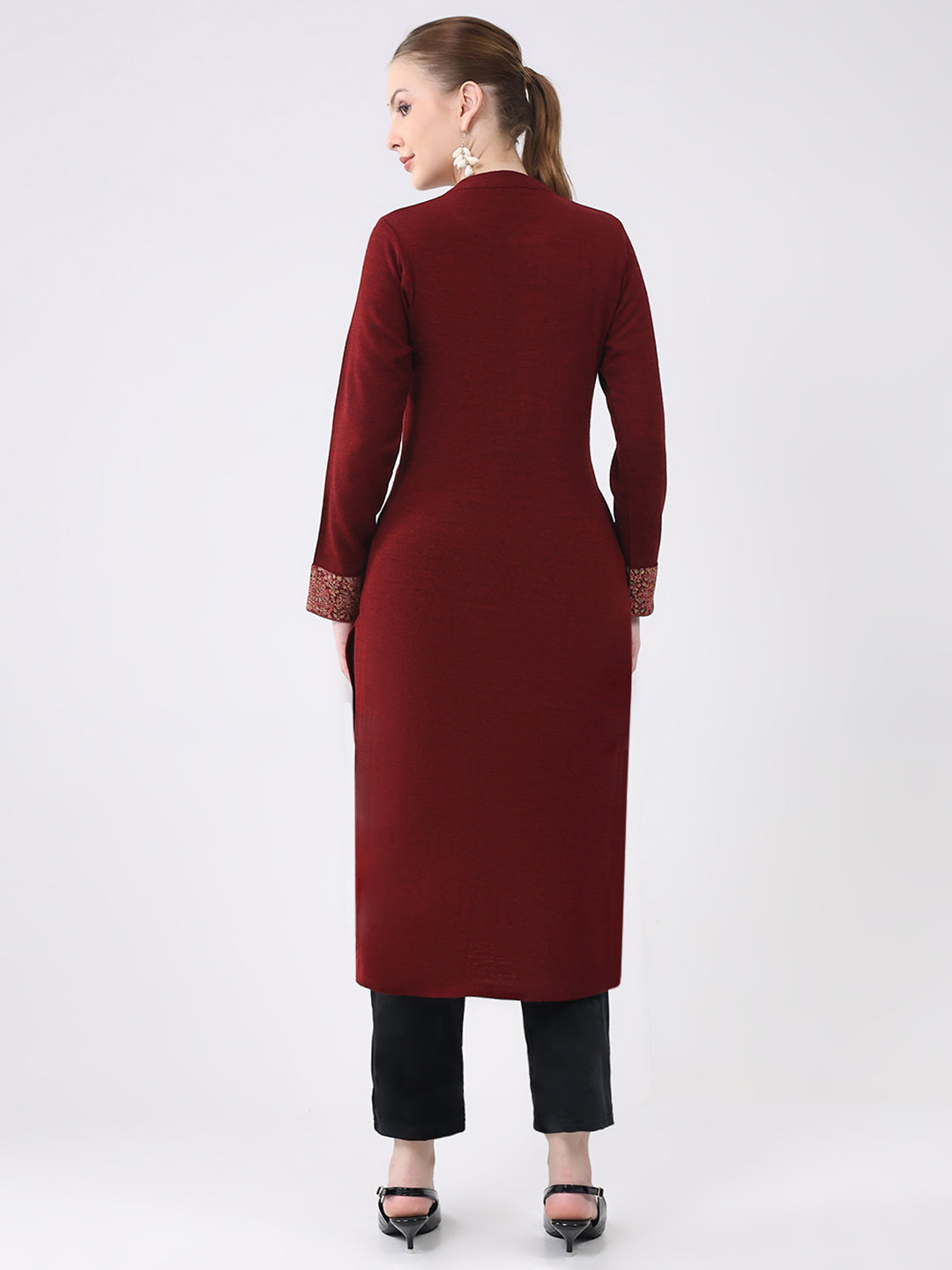 Women Maroon Printed Round Neck Full Sleeve Winter Kurti