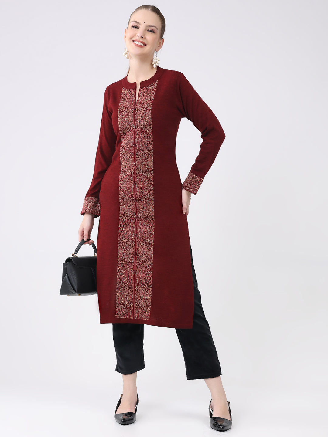 Women Maroon Printed Round Neck Full Sleeve Winter Kurti