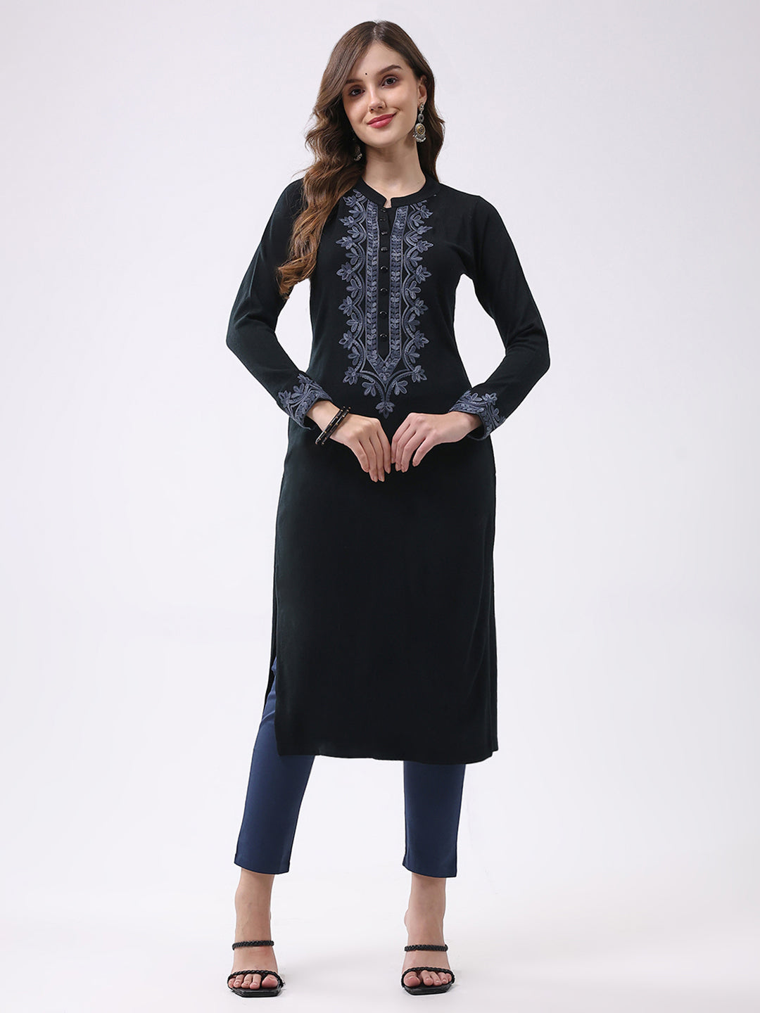 Women Black Self Design Round Neck Full Sleeve Winter Kurti