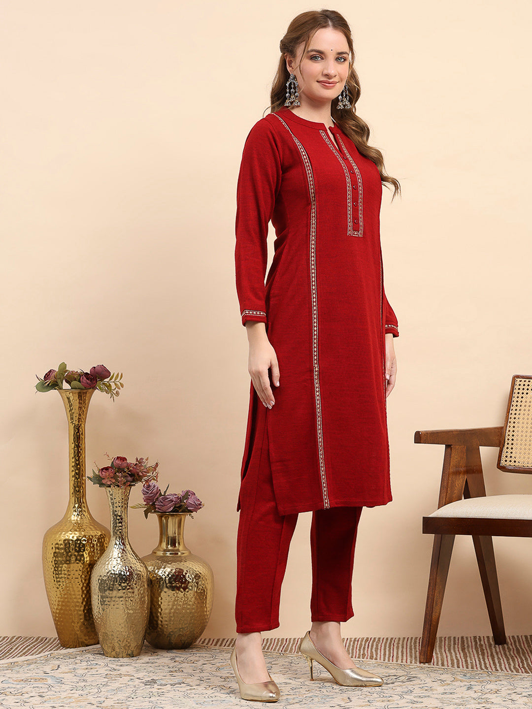 Women Maroon Printed Round Neck Full Sleeve Kurti Set for Winter