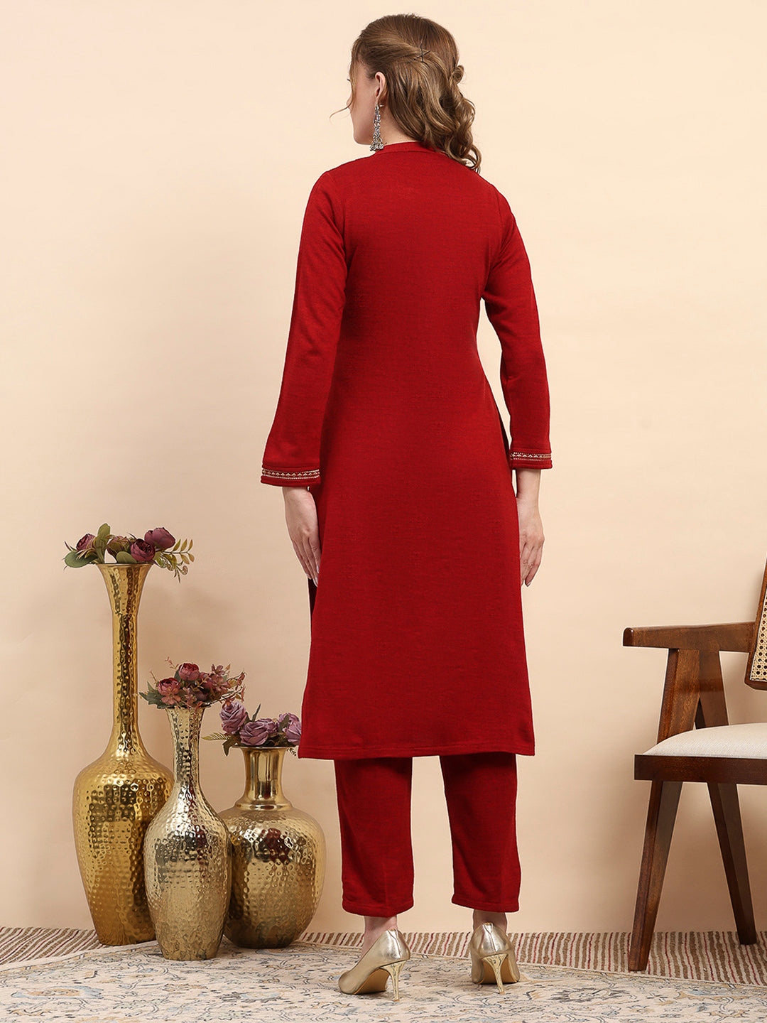 Women Maroon Printed Round Neck Full Sleeve Kurti Set for Winter