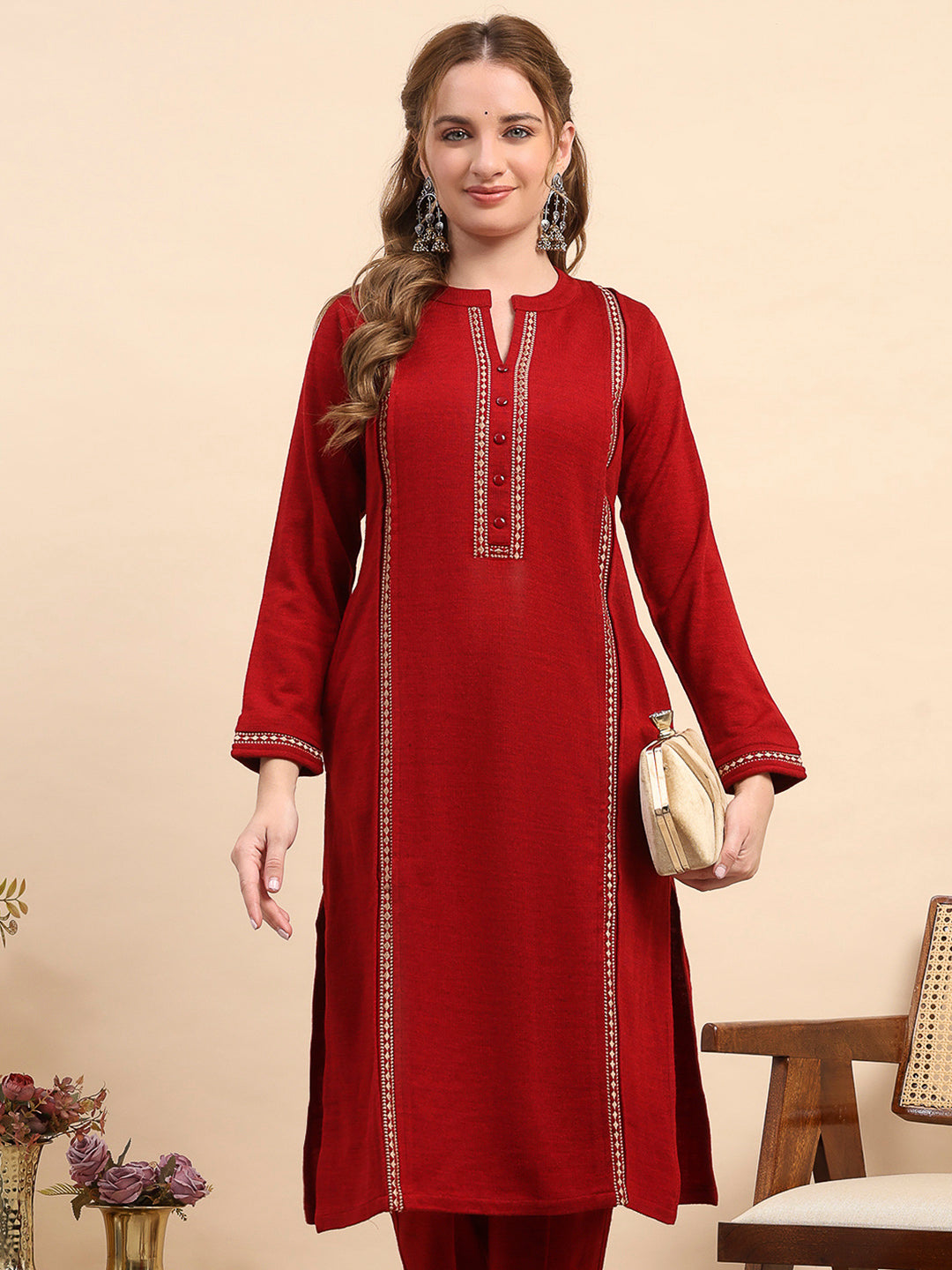 Women Maroon Printed Round Neck Full Sleeve Kurti Set for Winter