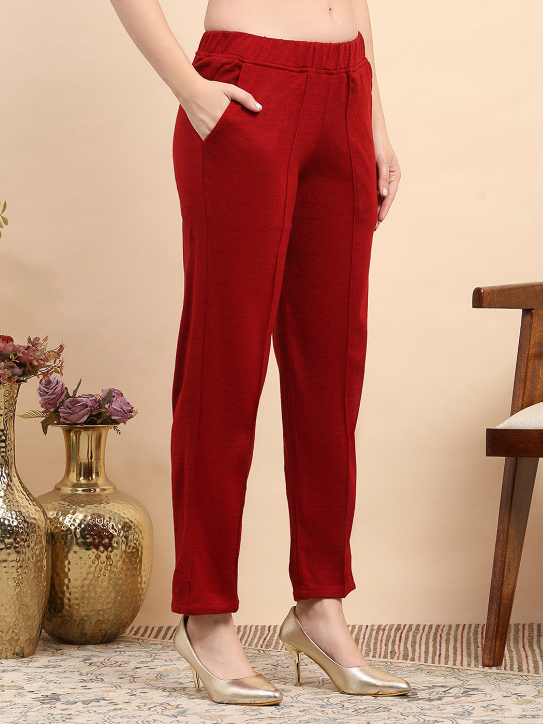 Women Maroon Printed Round Neck Full Sleeve Kurti Set for Winter