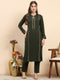 Women Olive Printed Round Neck Full Sleeve Kurti Set for Winter