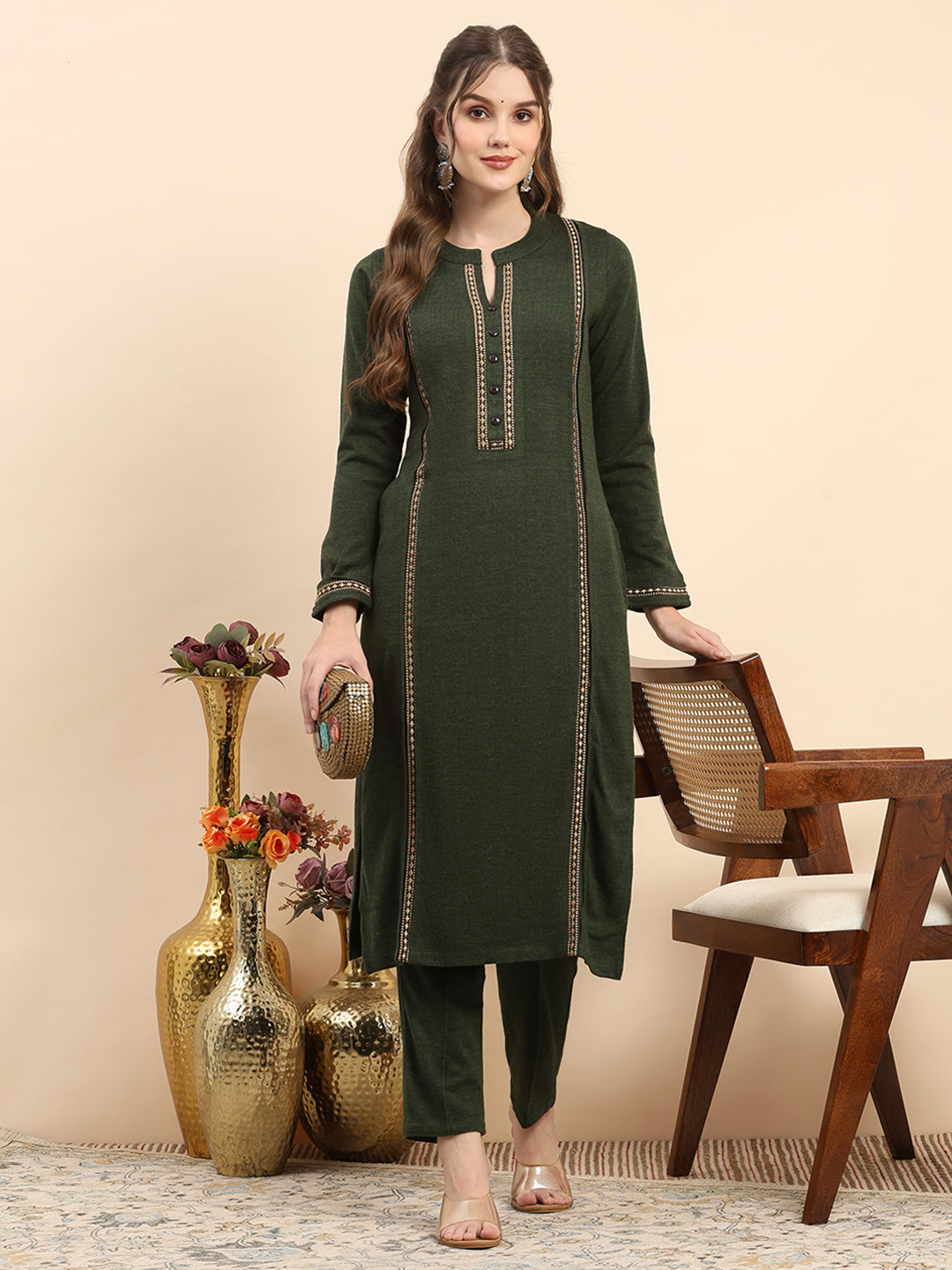 Women Olive Printed Round Neck Full Sleeve Kurti Set for Winter