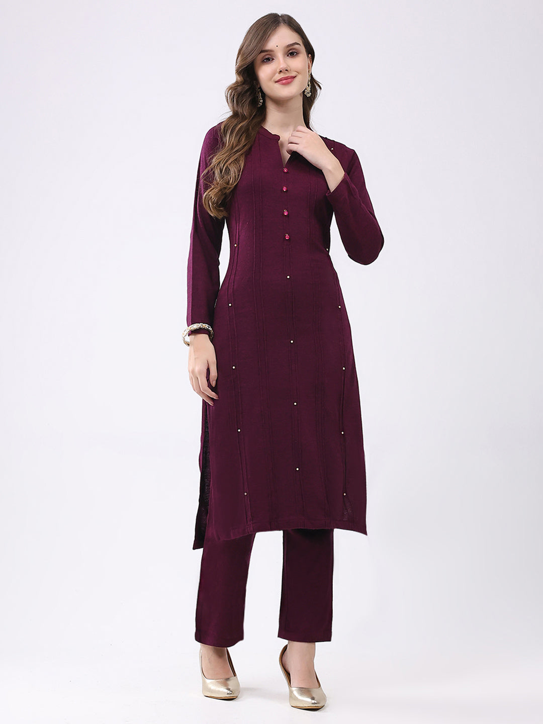 Women Maroon Self Design Round Neck Full Sleeve Kurti Set for Winter