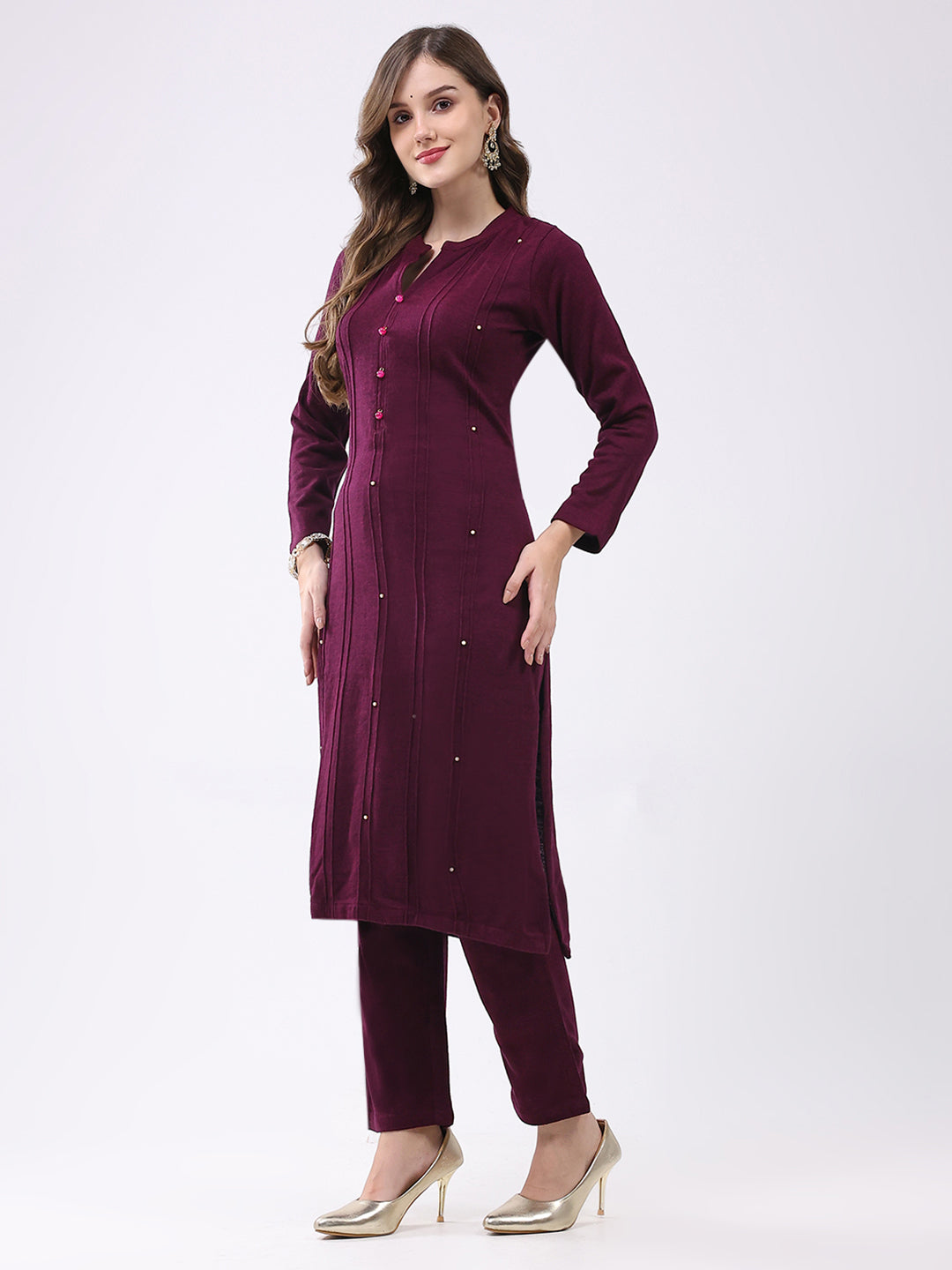 Women Maroon Self Design Round Neck Full Sleeve Kurti Set for Winter