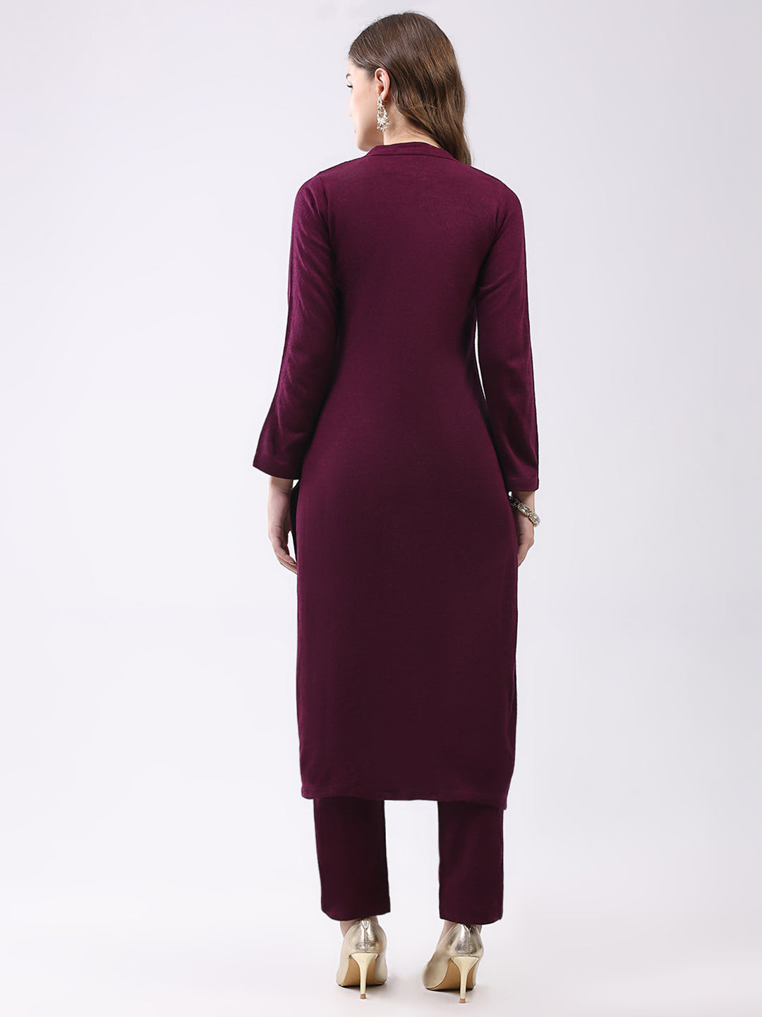 Women Maroon Self Design Round Neck Full Sleeve Kurti Set for Winter