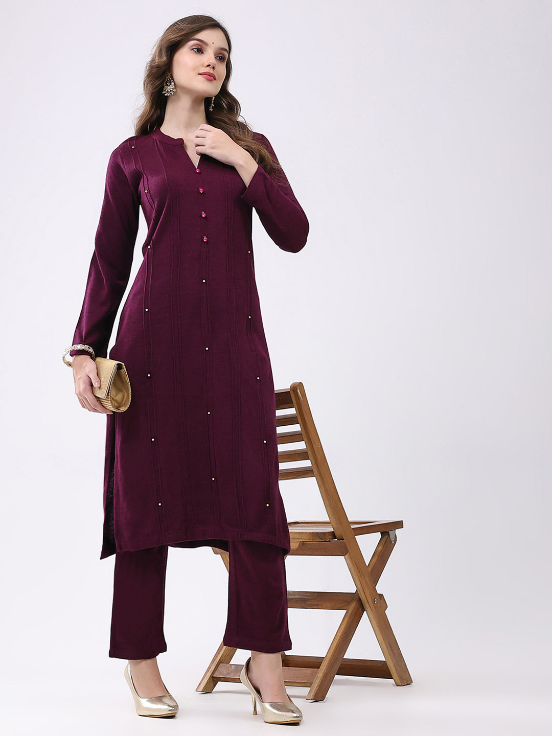 Women Maroon Self Design Round Neck Full Sleeve Kurti Set for Winter