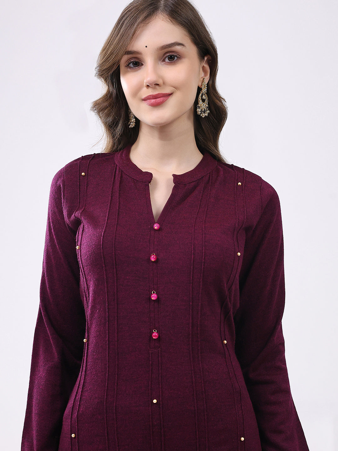 Women Maroon Self Design Round Neck Full Sleeve Kurti Set for Winter