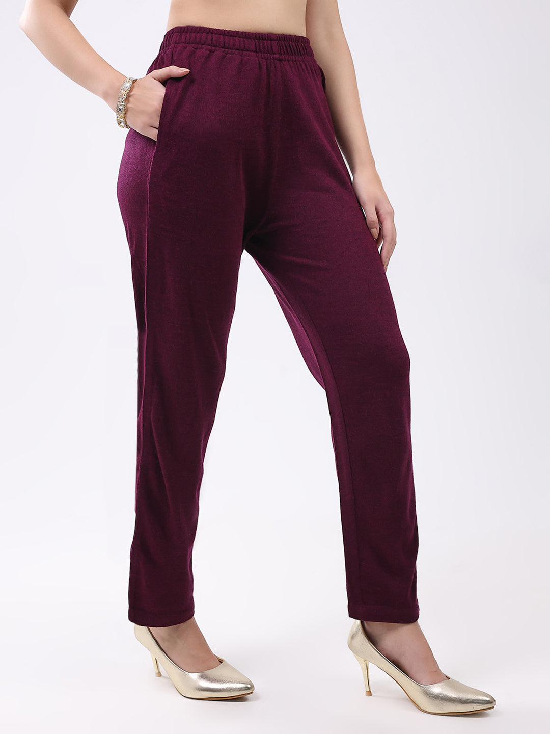 Women Maroon Self Design Round Neck Full Sleeve Kurti Set for Winter