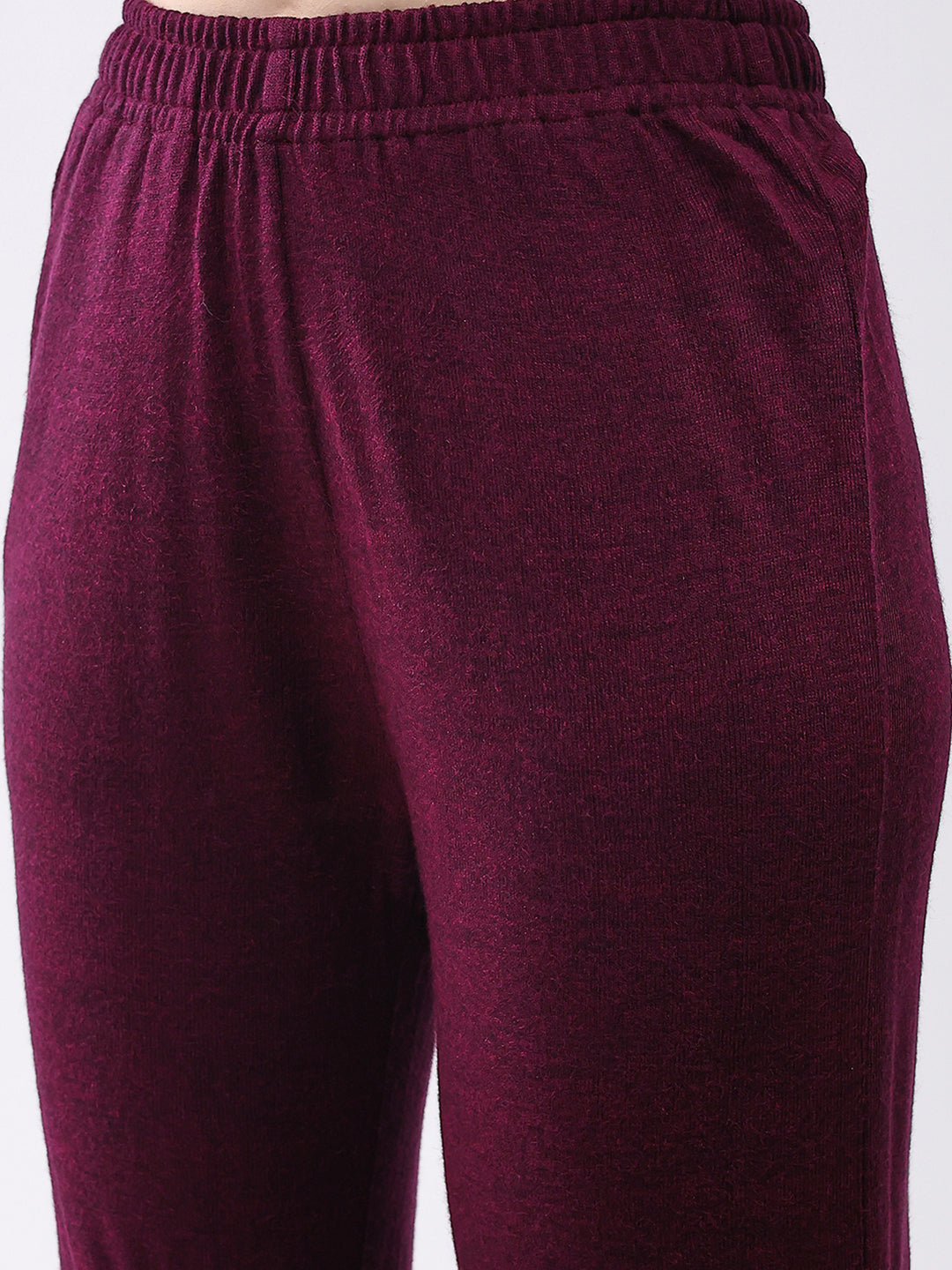 Women Maroon Self Design Round Neck Full Sleeve Kurti Set for Winter