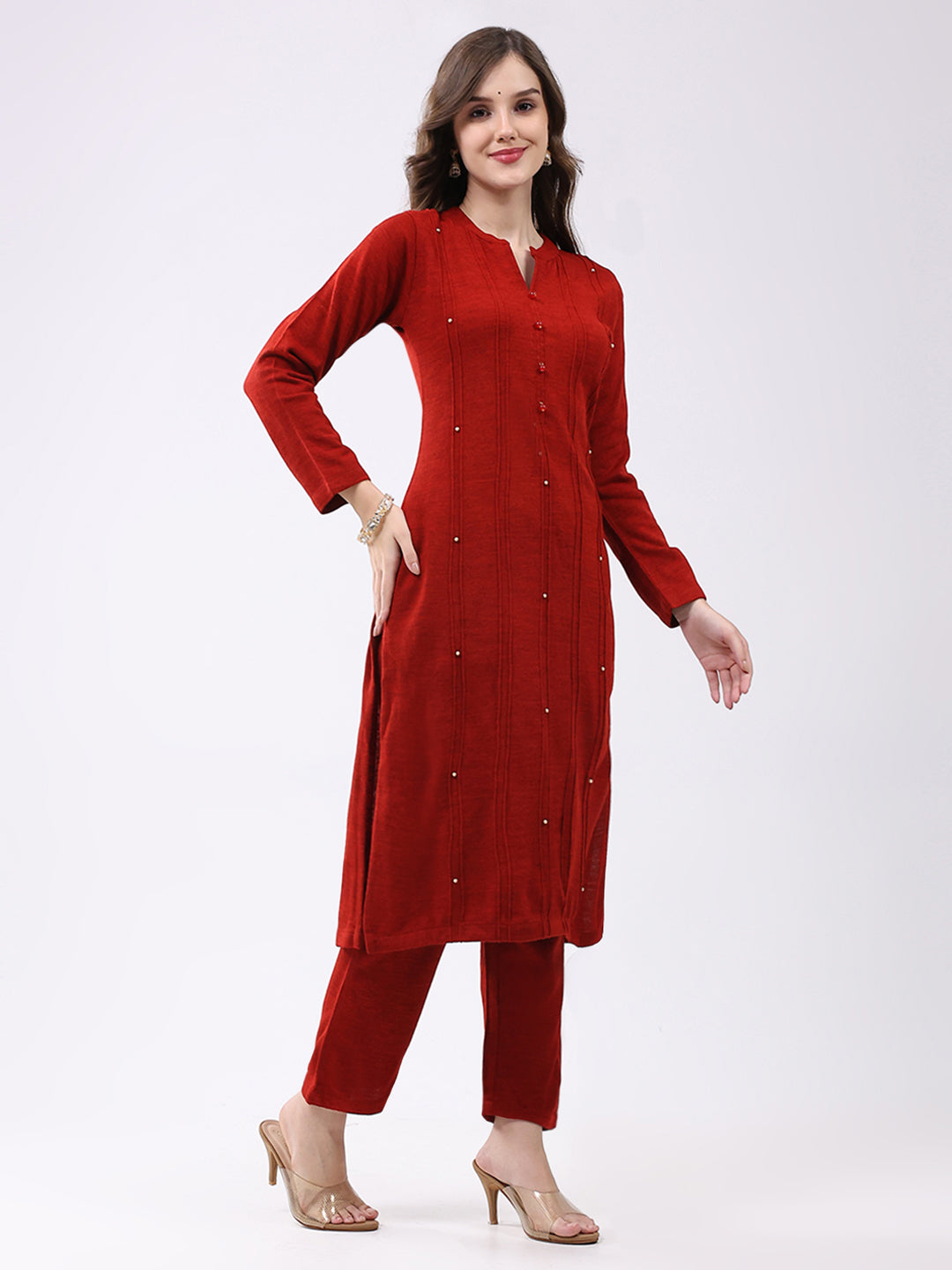 Women Red Self Design Round Neck Full Sleeve Kurti Set for Winter