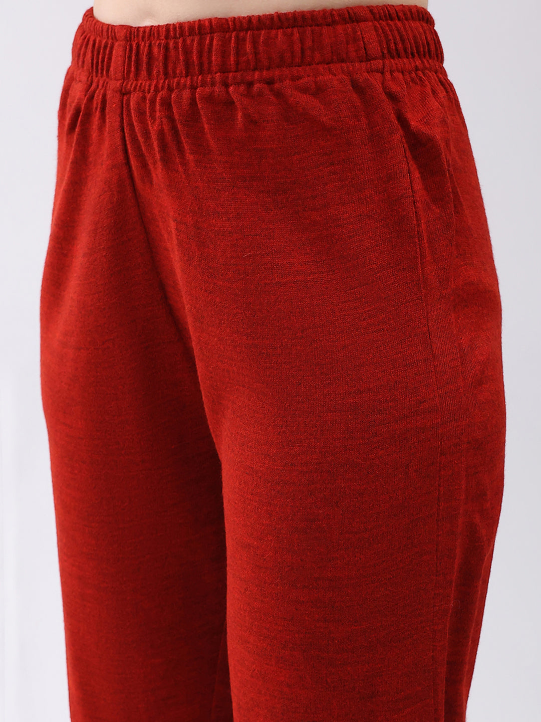 Women Red Self Design Round Neck Full Sleeve Kurti Set for Winter