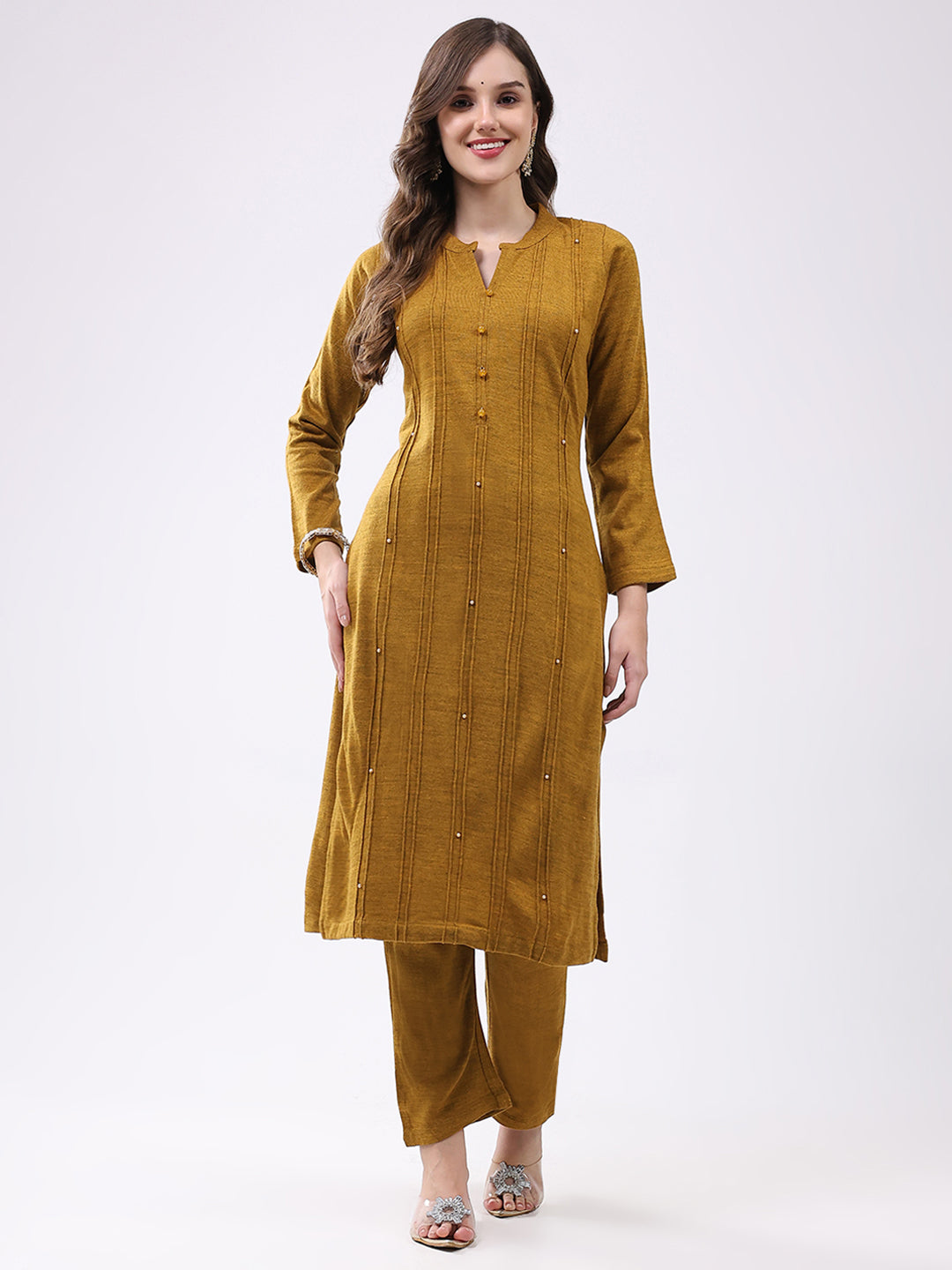 Women Mustard Self Design Round Neck Full Sleeve Kurti Set for Winter