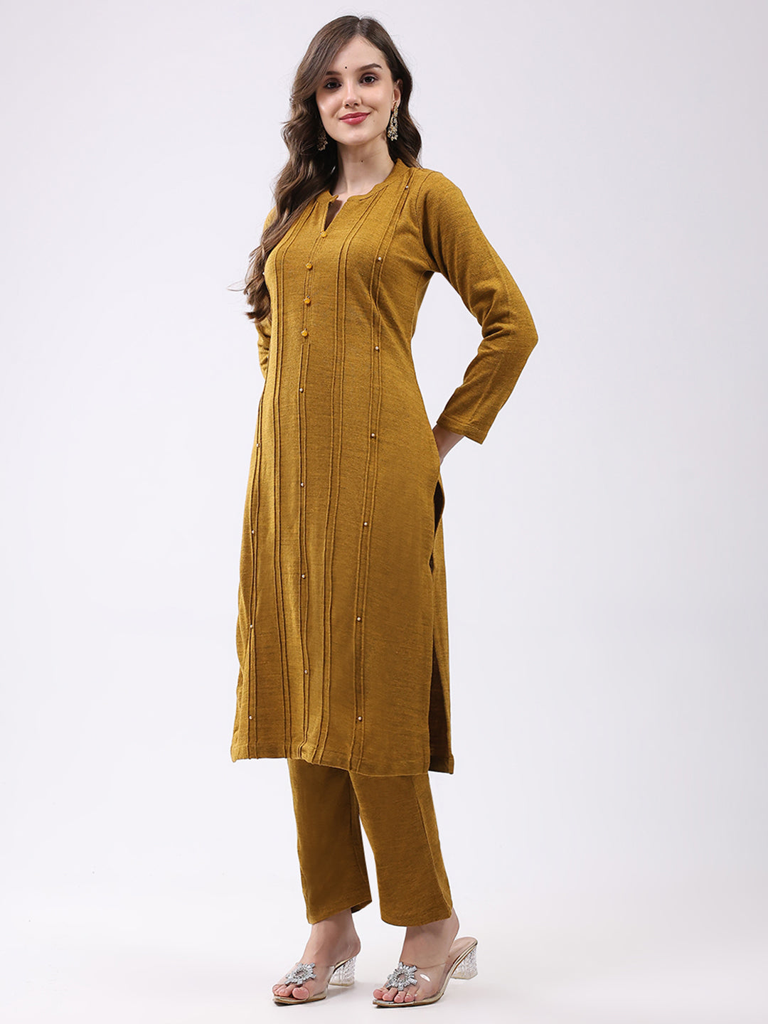 Women Mustard Self Design Round Neck Full Sleeve Kurti Set for Winter