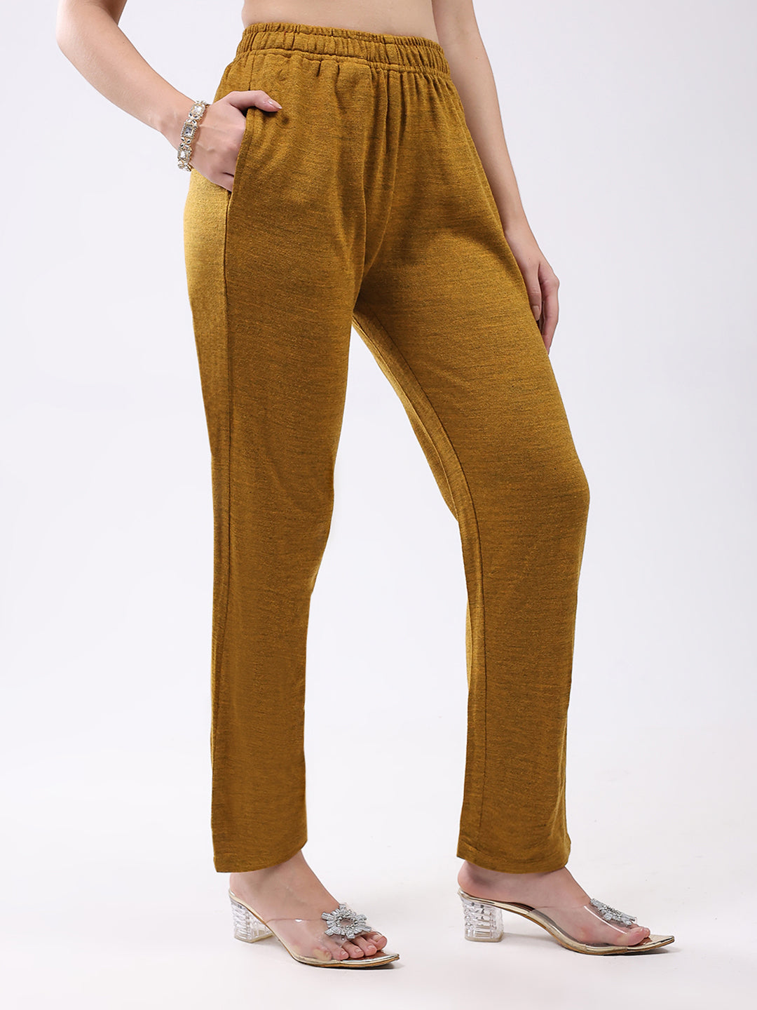 Women Mustard Self Design Round Neck Full Sleeve Kurti Set for Winter