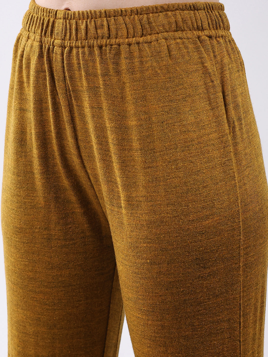 Women Mustard Self Design Round Neck Full Sleeve Kurti Set for Winter