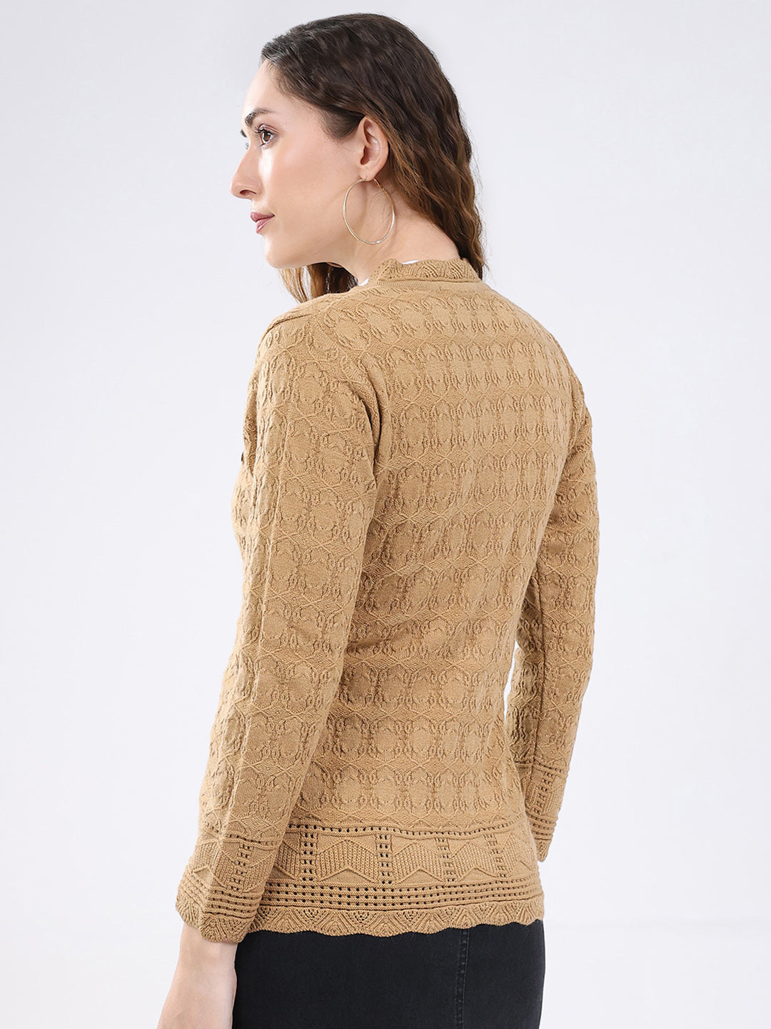 Women Camel Brown Self Design V Neck Full Sleeve Cardigan