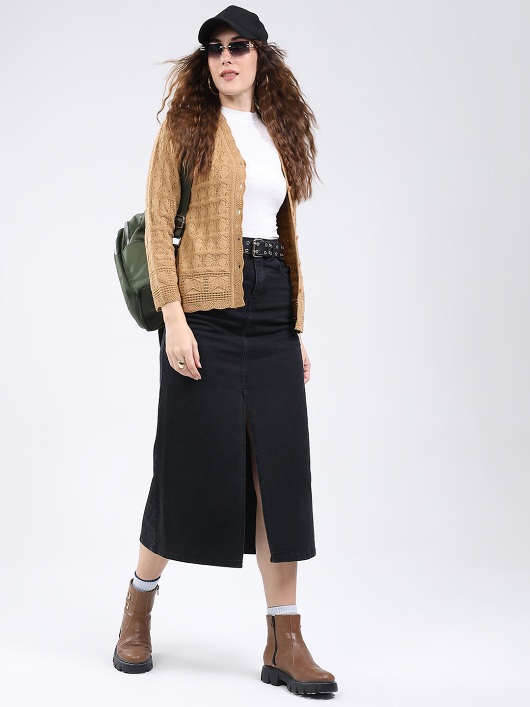 Women Camel Brown Self Design V Neck Full Sleeve Cardigan