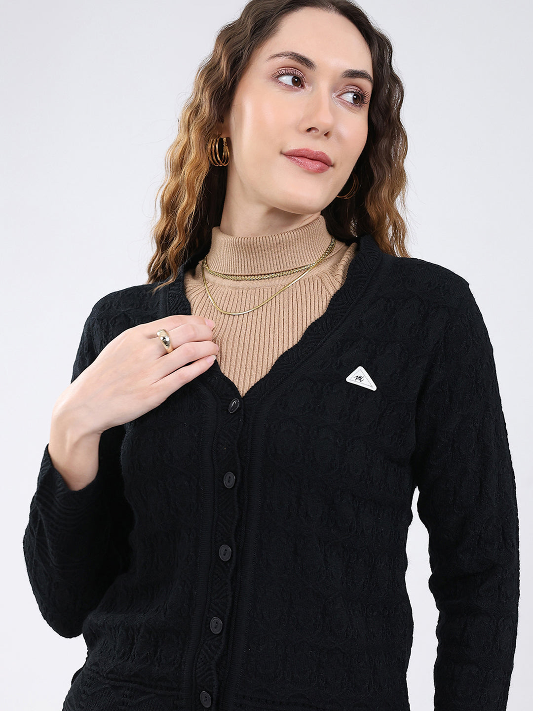 Women Black Self Design V Neck Full Sleeve Cardigan