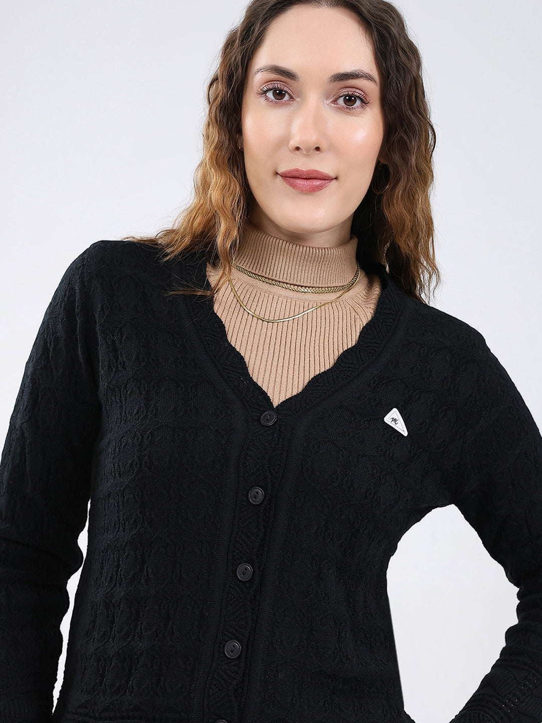 Women Black Self Design V Neck Full Sleeve Cardigan