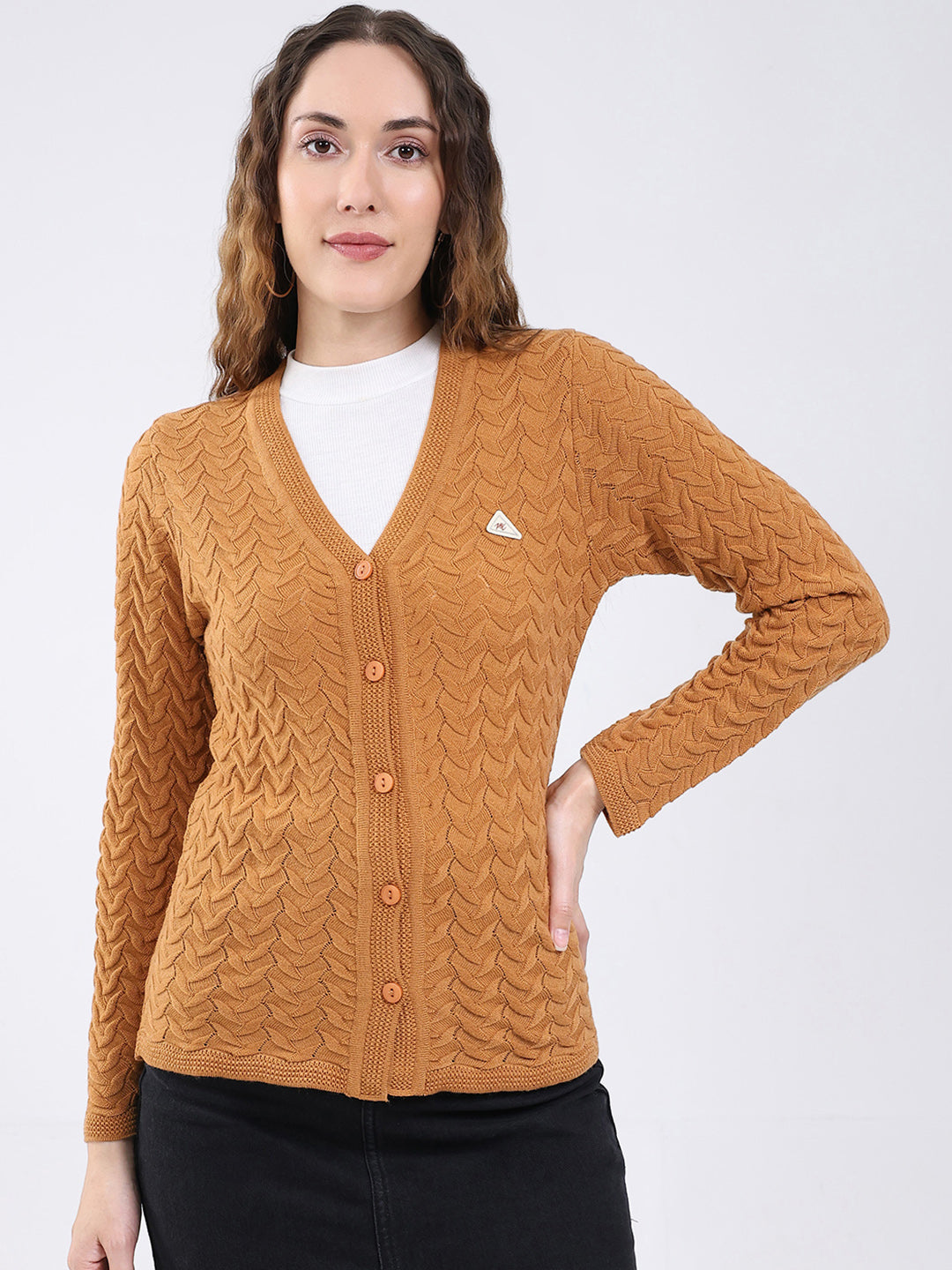 Women Mustard Self Design V Neck Full Sleeve Cardigan