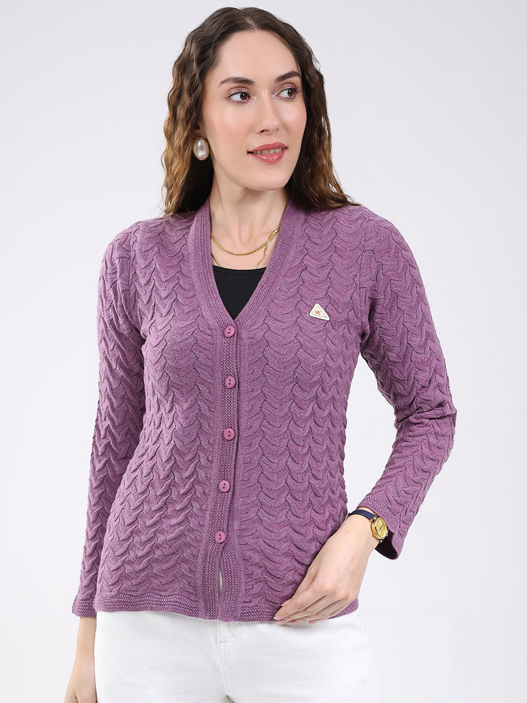 Women Purple Self Design V Neck Full Sleeve Cardigan