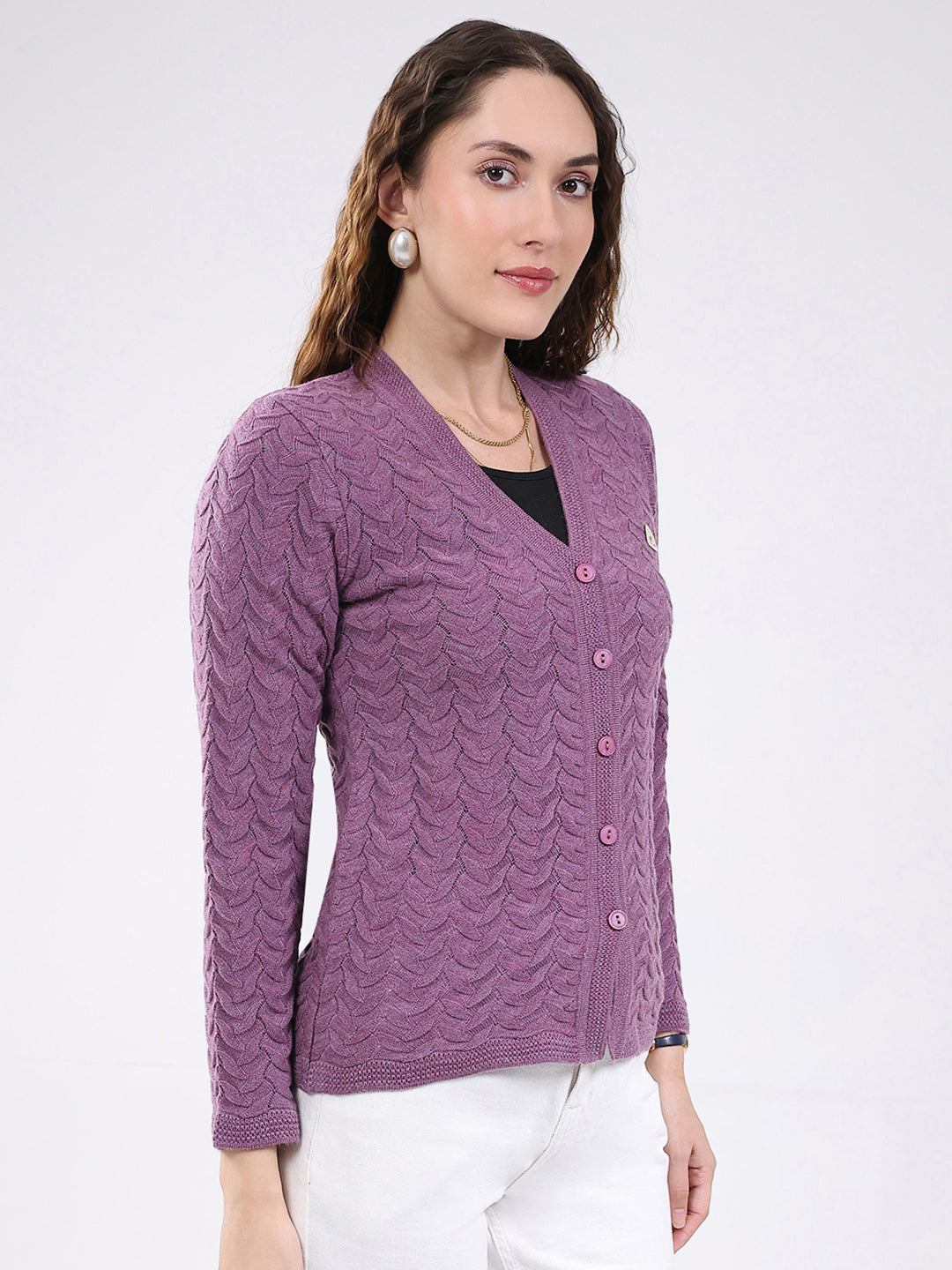 Women Purple Self Design V Neck Full Sleeve Cardigan