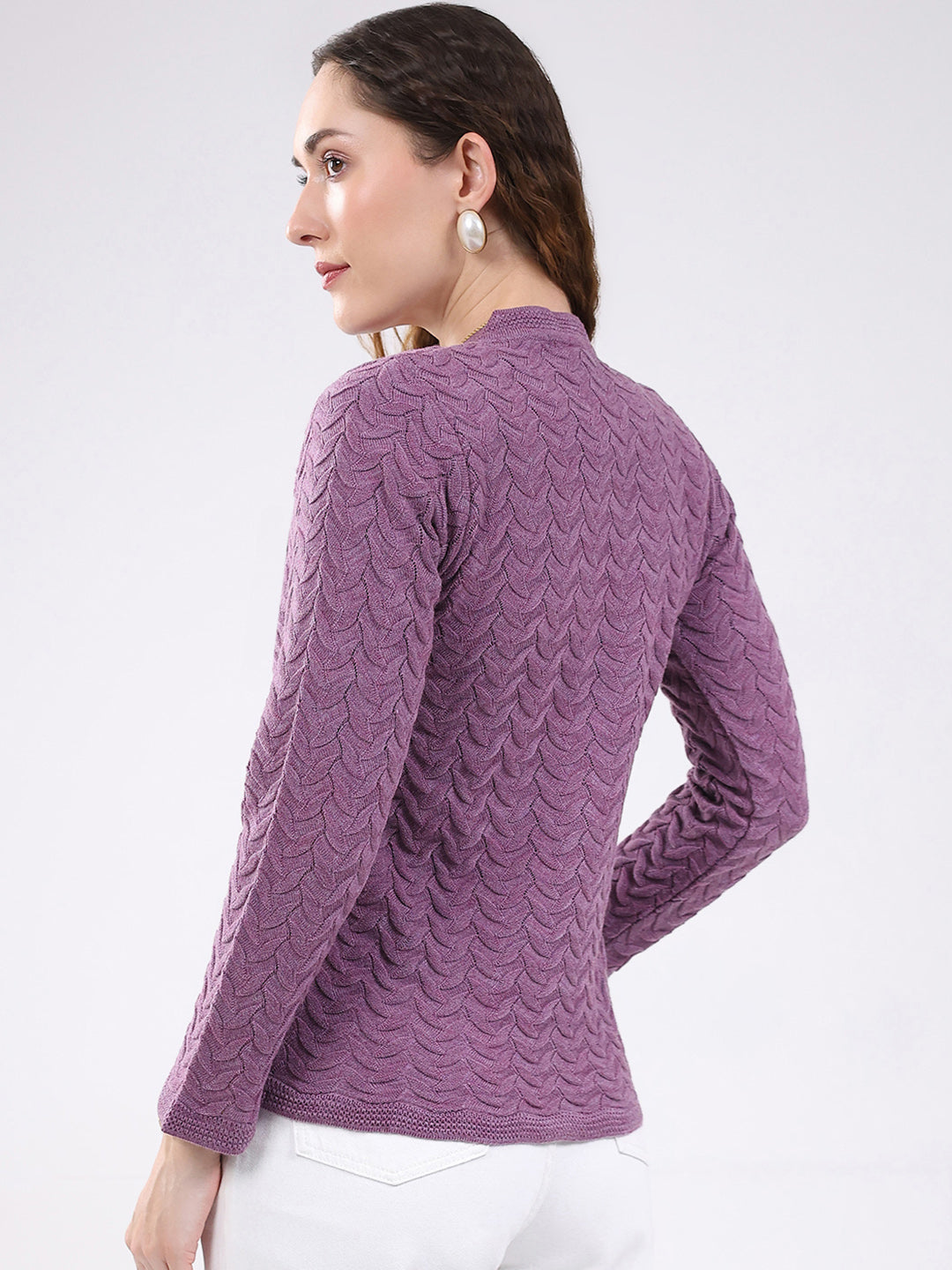 Women Purple Self Design V Neck Full Sleeve Cardigan