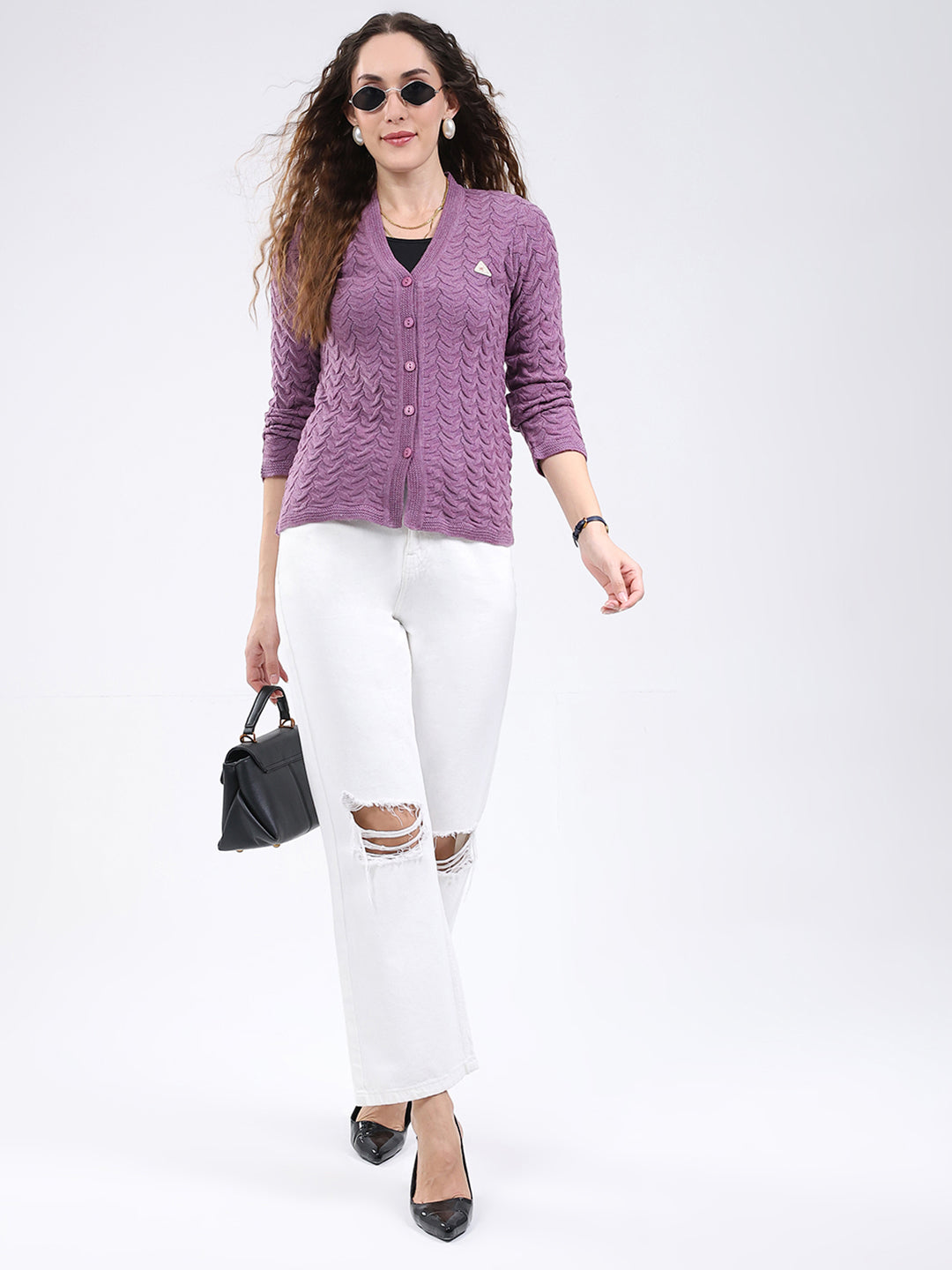 Women Purple Self Design V Neck Full Sleeve Cardigan