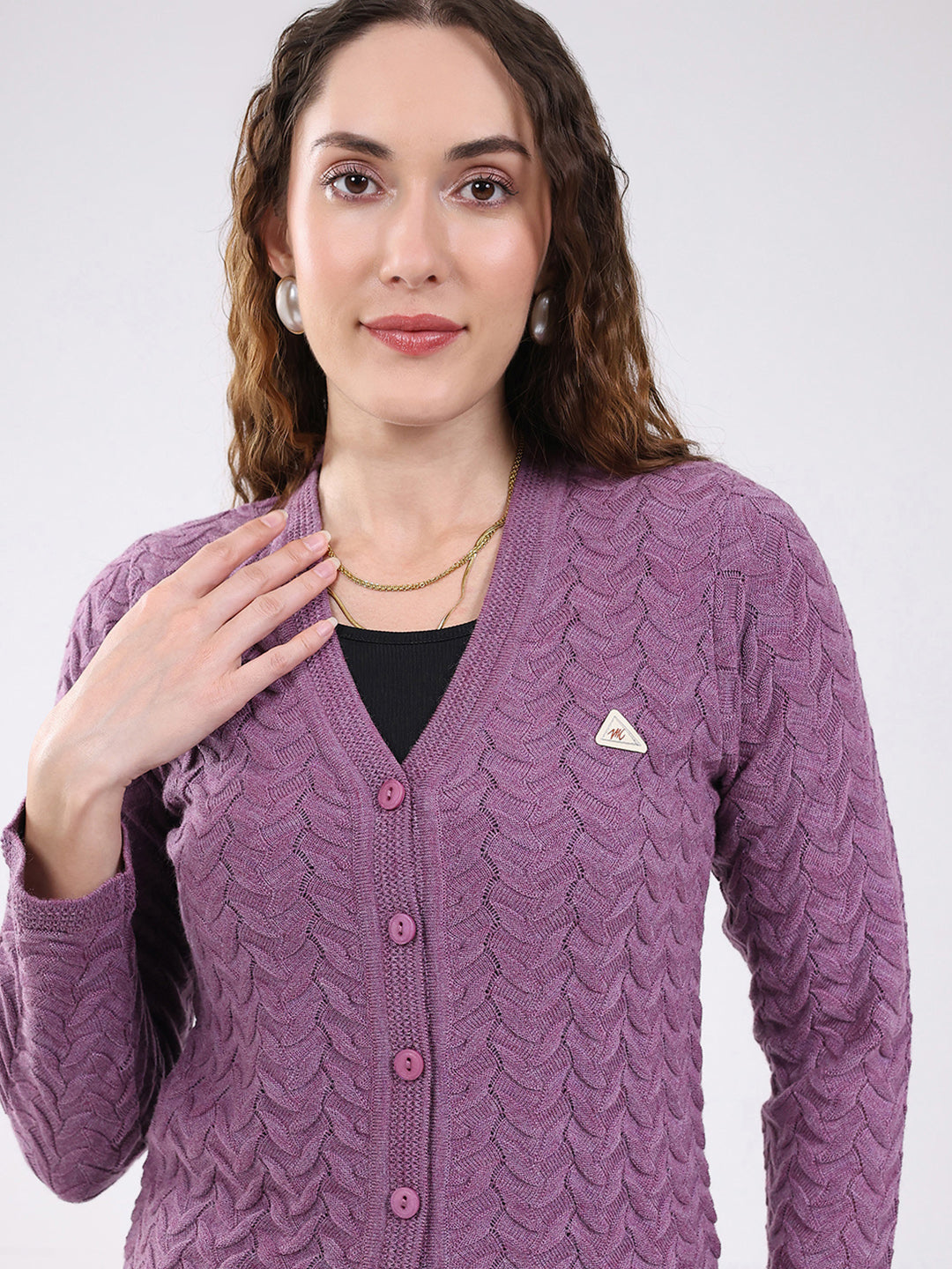 Women Purple Self Design V Neck Full Sleeve Cardigan