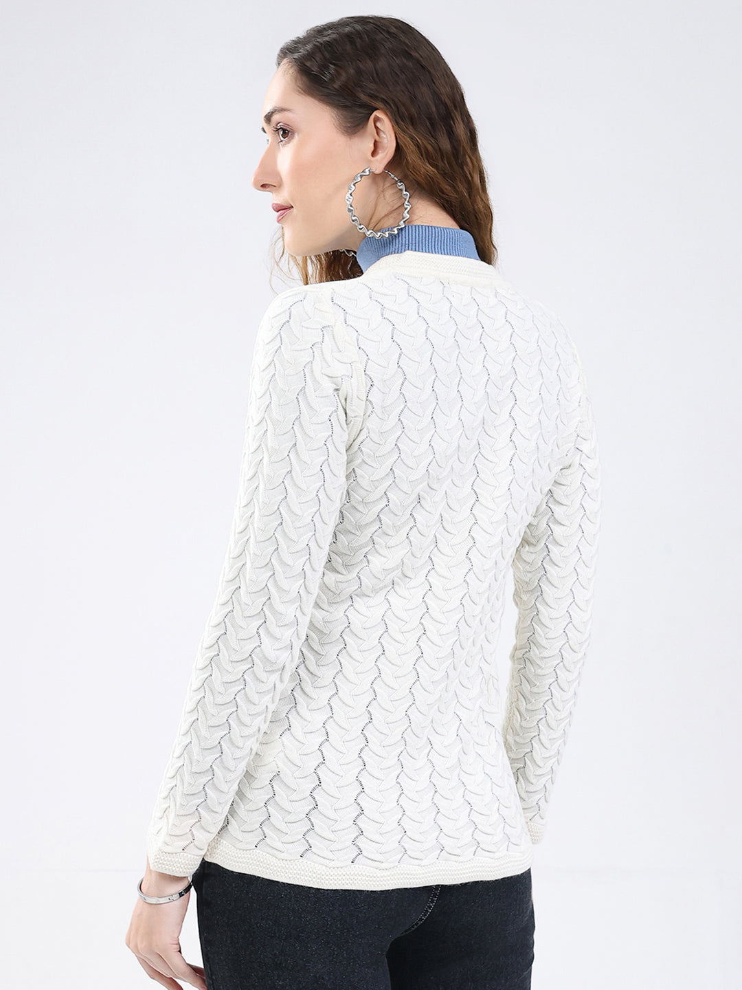Women White Self Design V Neck Full Sleeve Cardigan