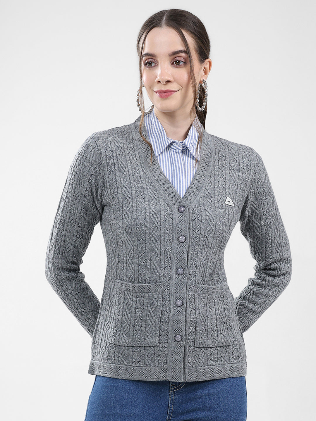 Women Grey Self Design V Neck Full Sleeve Cardigan