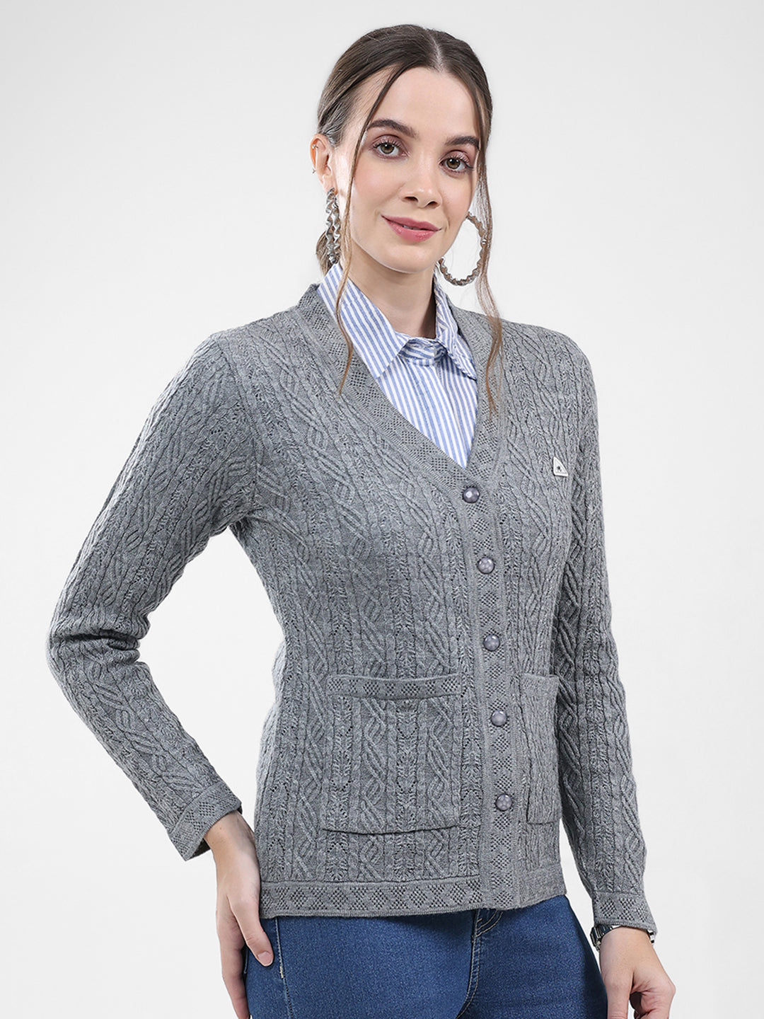 Women Grey Self Design V Neck Full Sleeve Cardigan