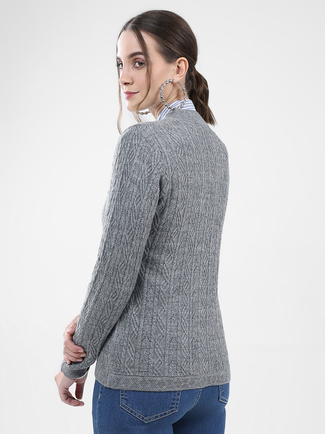 Women Grey Self Design V Neck Full Sleeve Cardigan