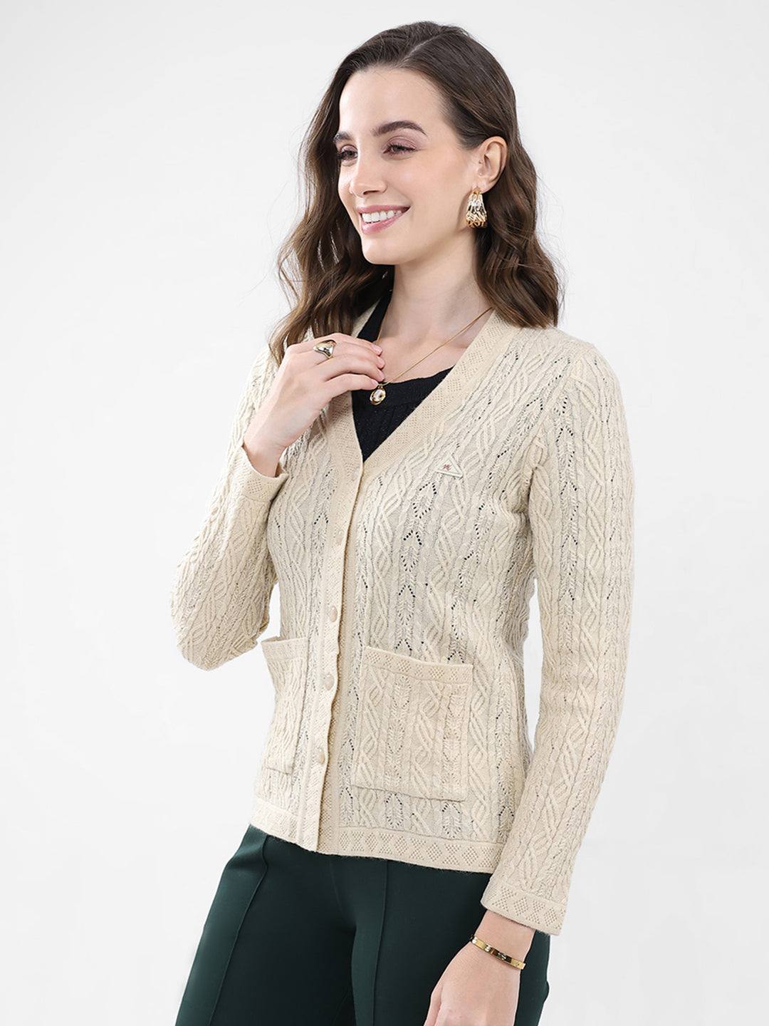 Women Cream Self Design V Neck Full Sleeve Cardigan