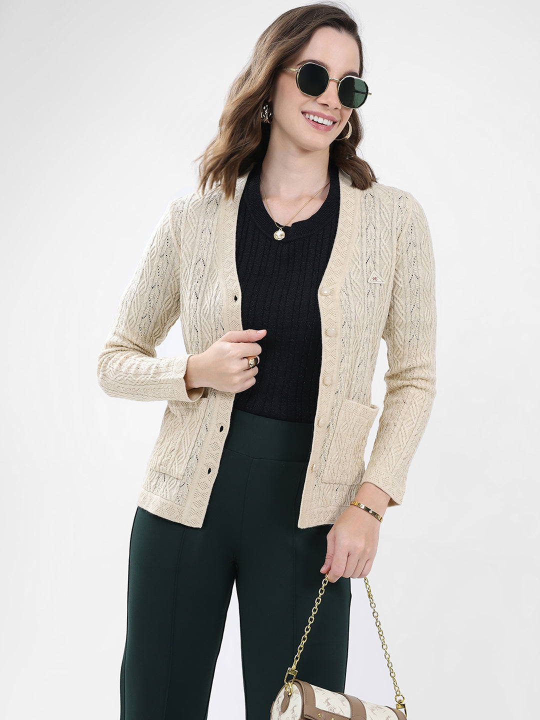 Women Cream Self Design V Neck Full Sleeve Cardigan