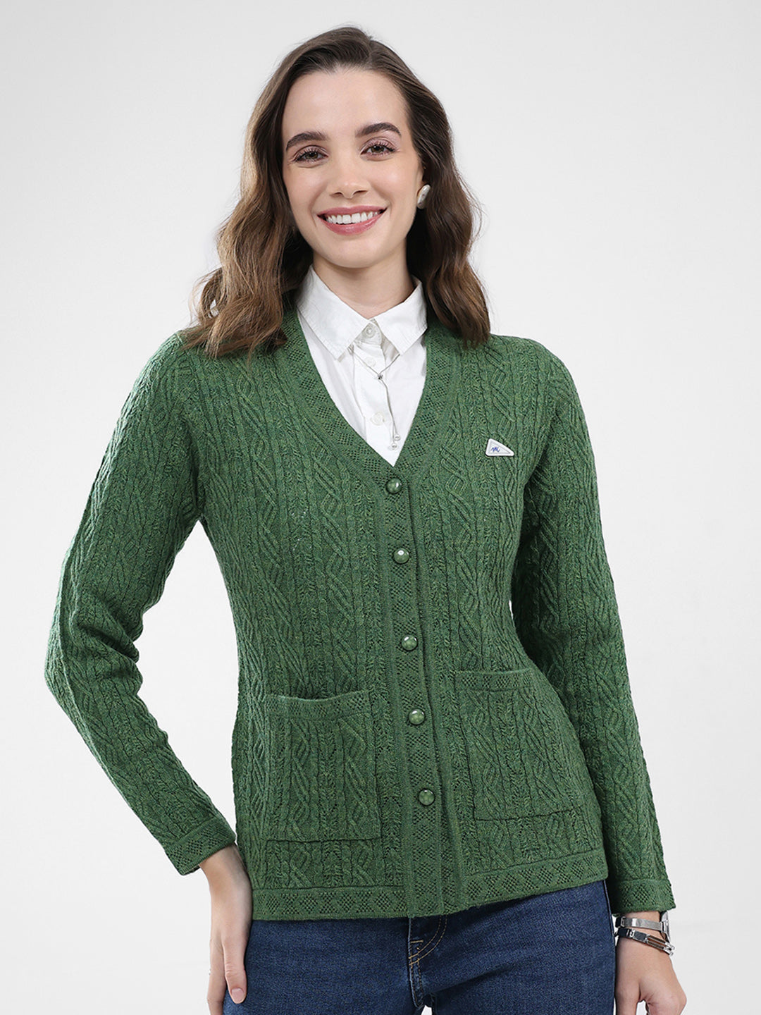 Women Green Self Design V Neck Full Sleeve Cardigan