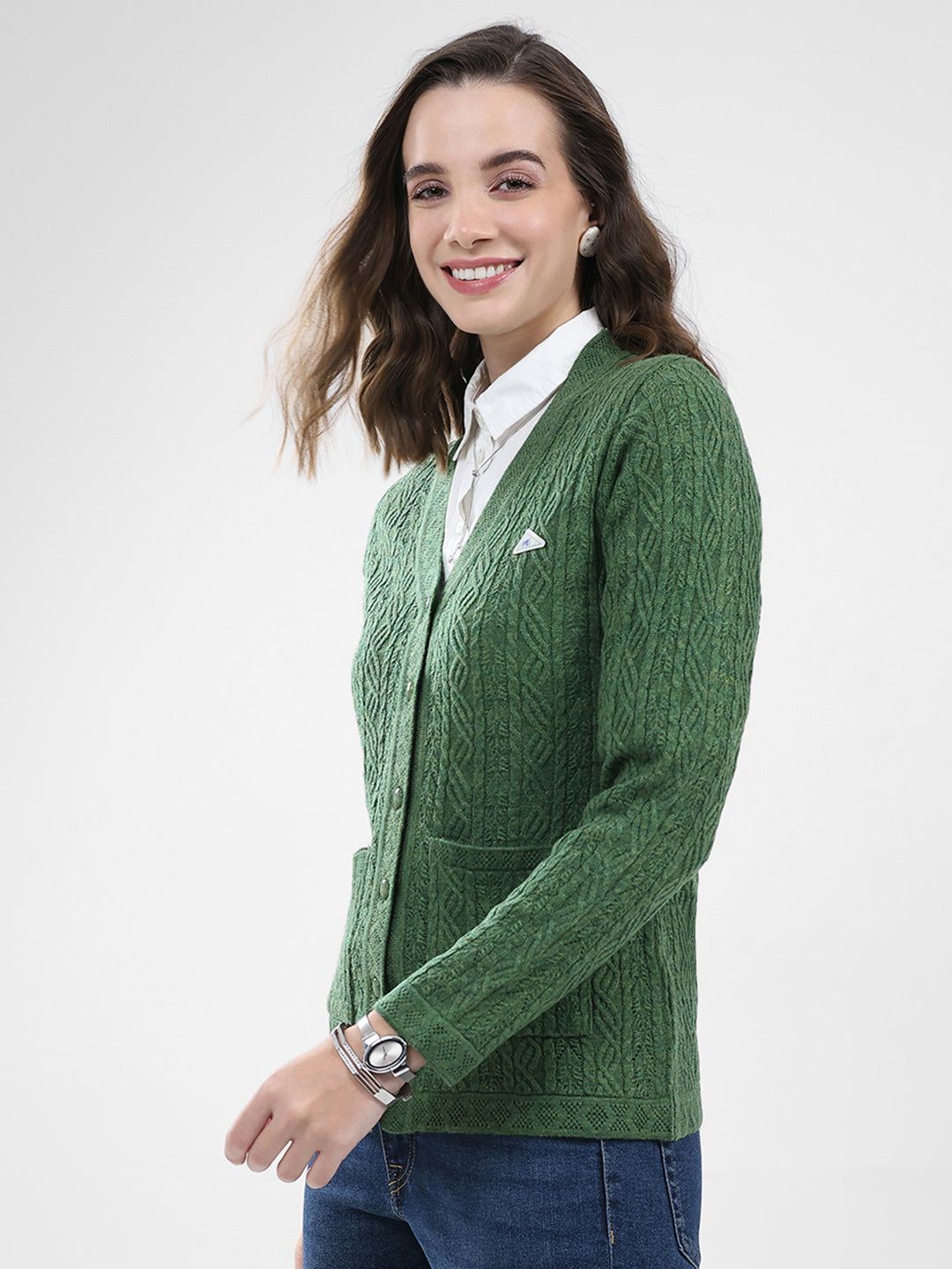 Women Green Self Design V Neck Full Sleeve Cardigan